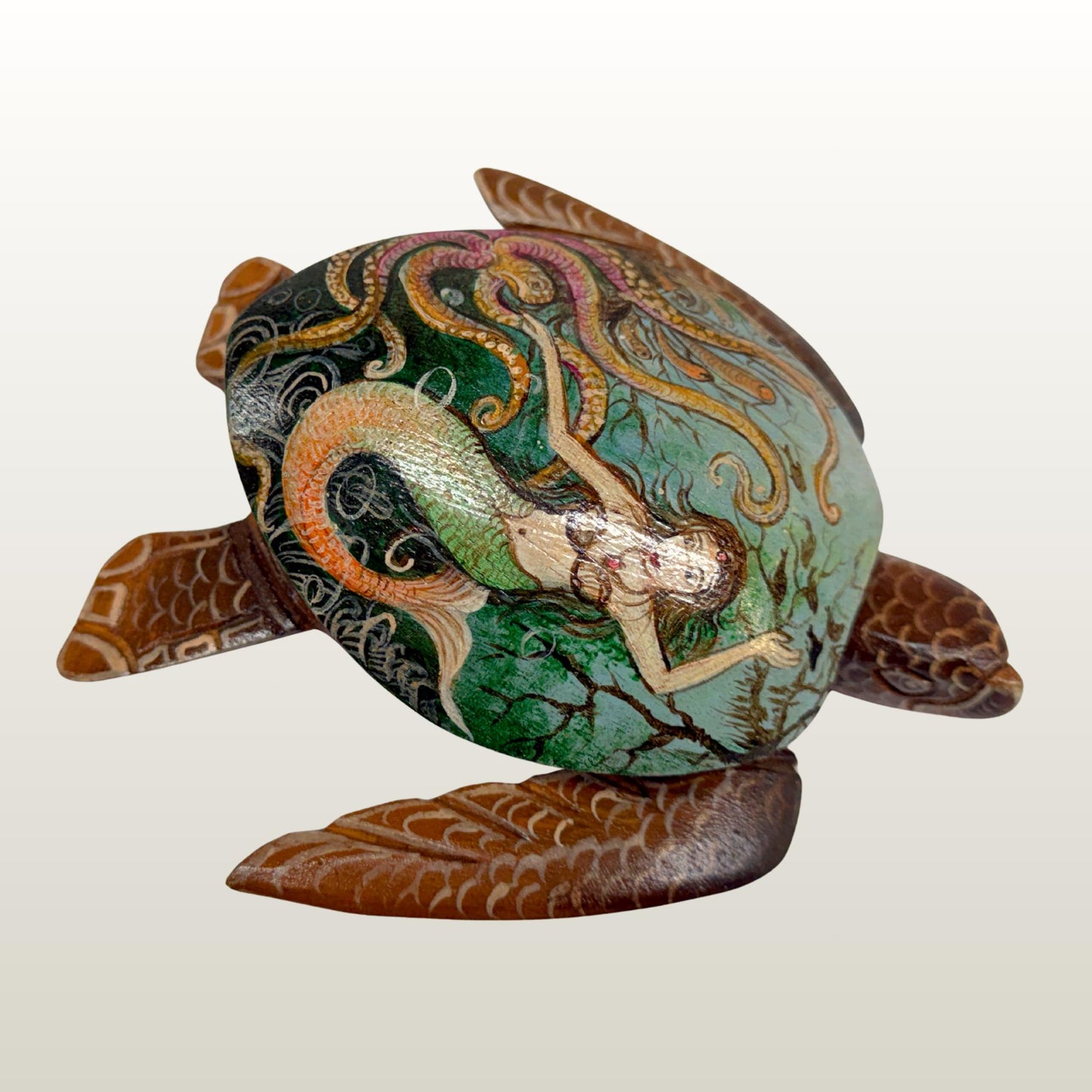 Sea Turtle Mermaid & Octopus Trinket Stash Jewelry Box hand painted Wood carving Balinese Art