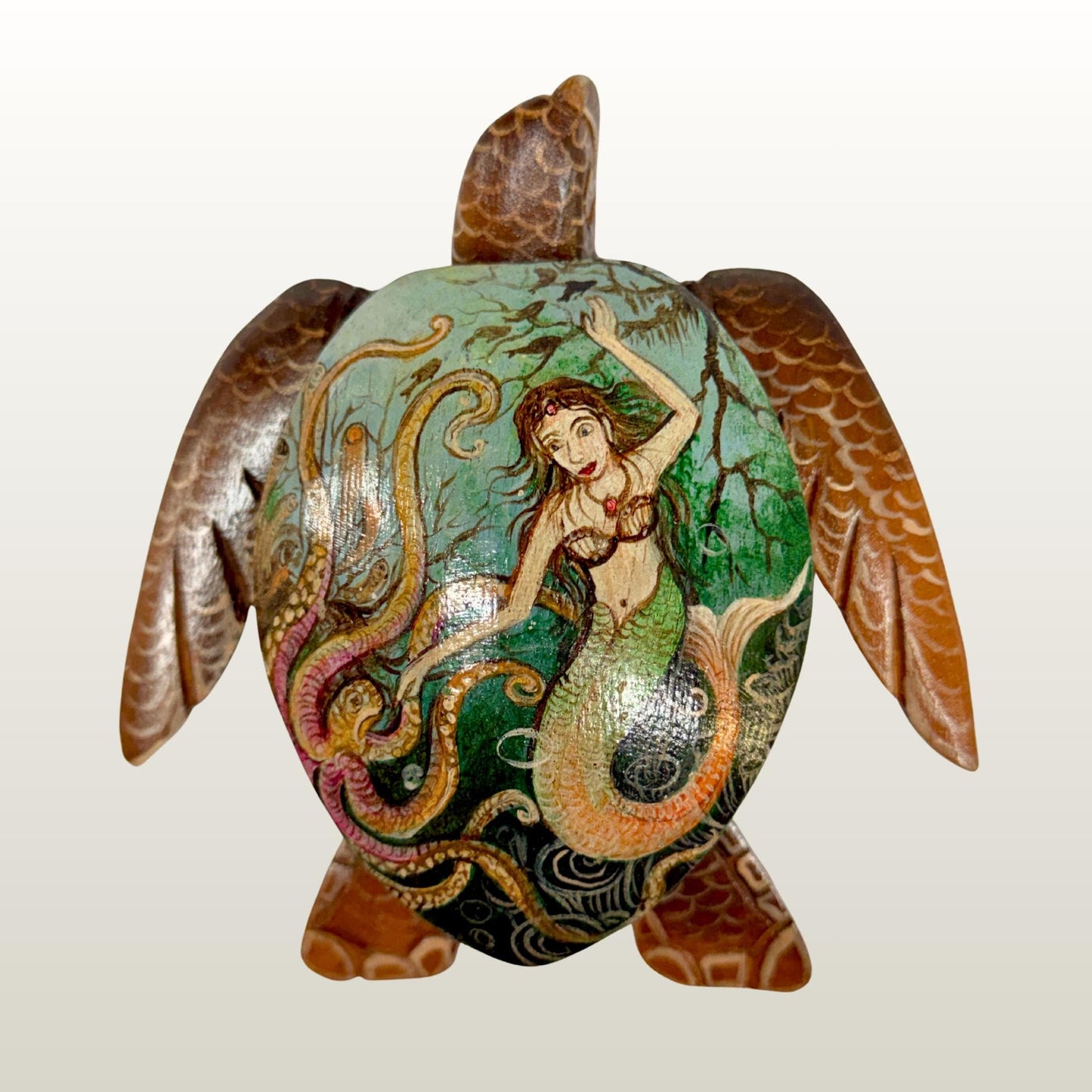 Sea Turtle Mermaid & Octopus Trinket Stash Jewelry Box hand painted Wood carving Balinese Art