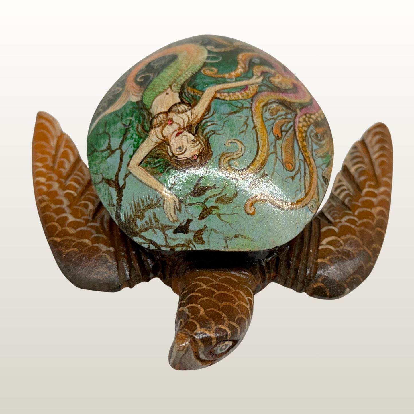 Sea Turtle Mermaid & Octopus Trinket Stash Jewelry Box hand painted Wood carving Balinese Art