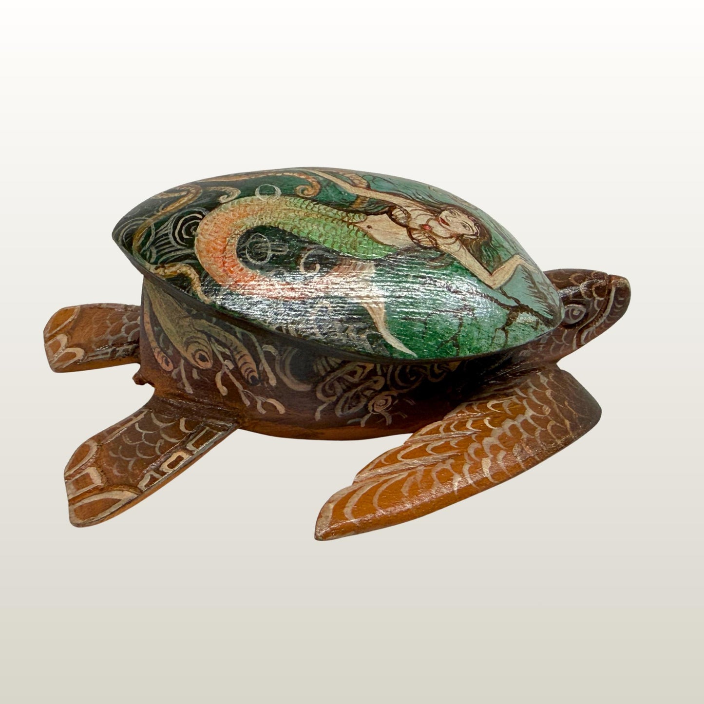 Sea Turtle Mermaid & Octopus Trinket Stash Jewelry Box hand painted Wood carving Balinese Art