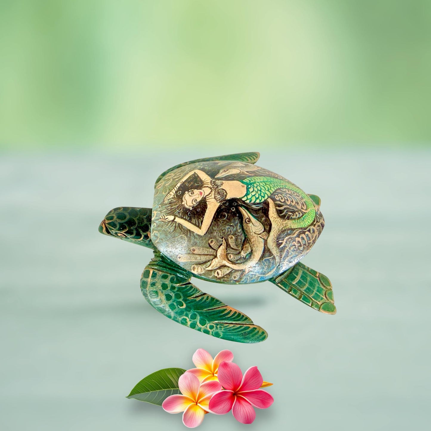 Sea Turtle Mermaid & Fish Trinket Stash Jewelry Box hand painted Wood carving Balinese Art