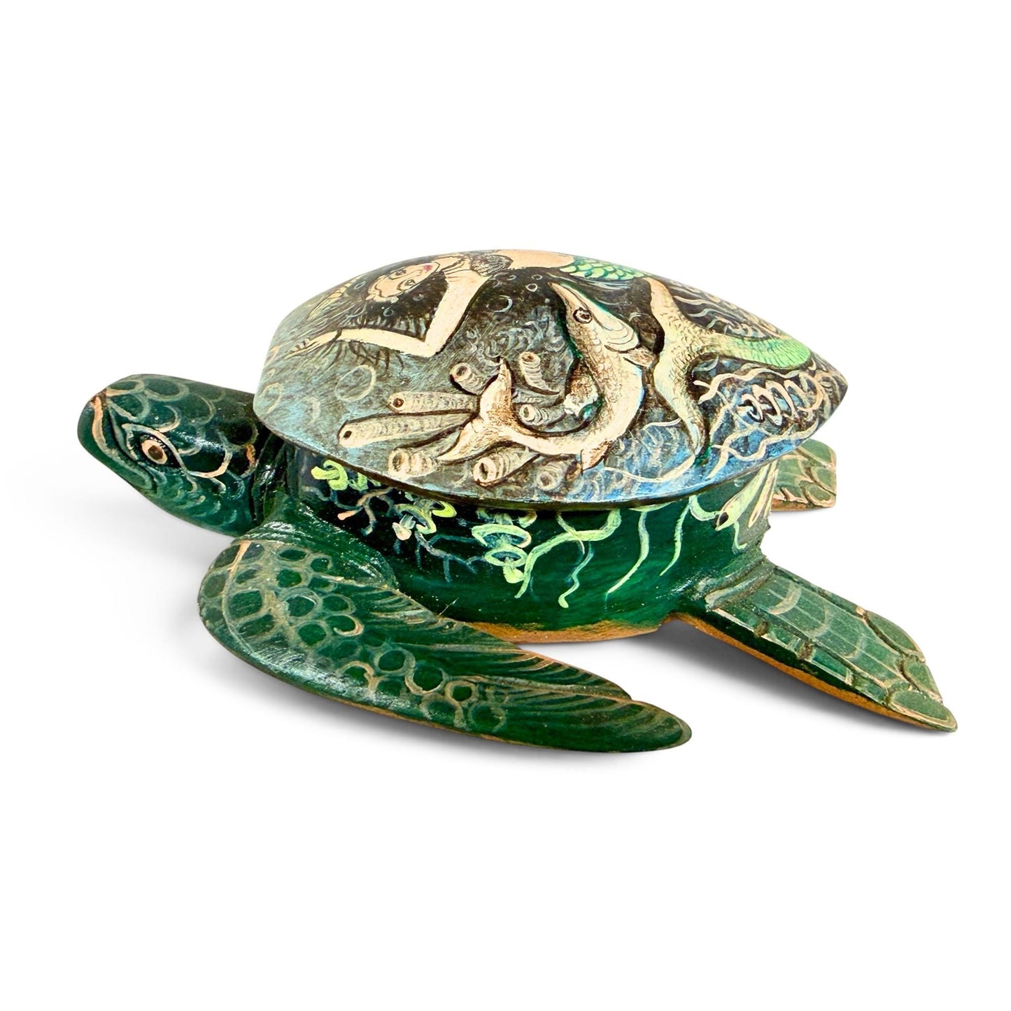 Sea Turtle Mermaid & Fish Trinket Stash Jewelry Box hand painted Wood carving Balinese Art