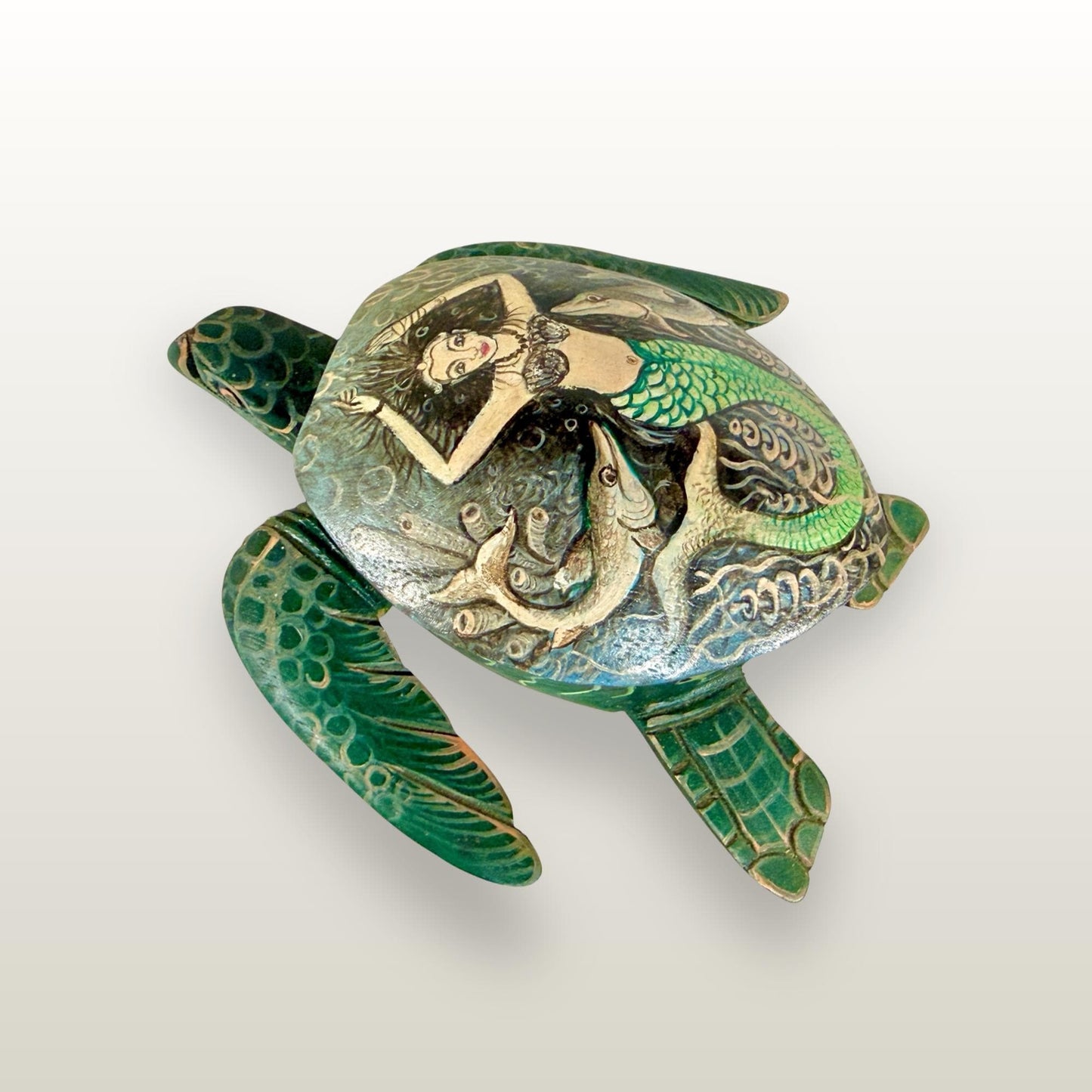 Sea Turtle Mermaid & Fish Trinket Stash Jewelry Box hand painted Wood carving Balinese Art