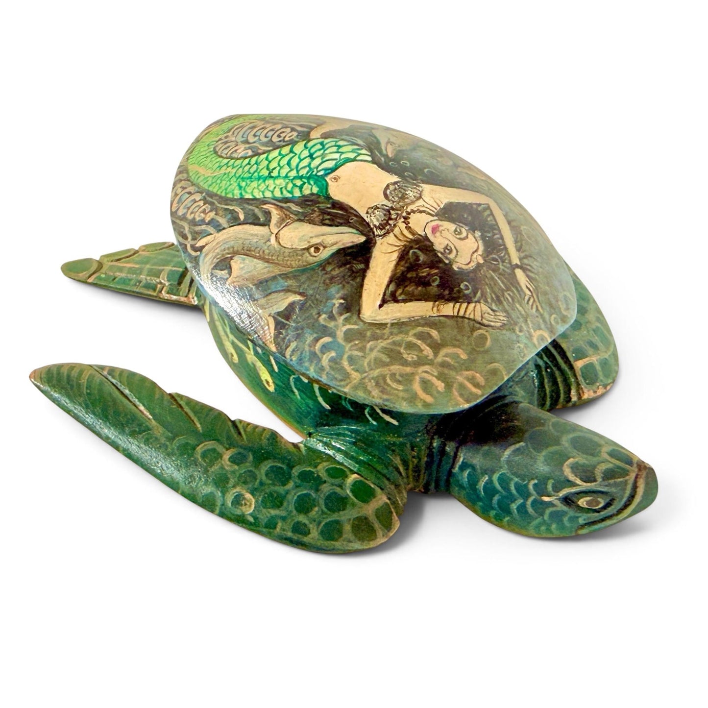 Sea Turtle Mermaid & Fish Trinket Stash Jewelry Box hand painted Wood carving Balinese Art