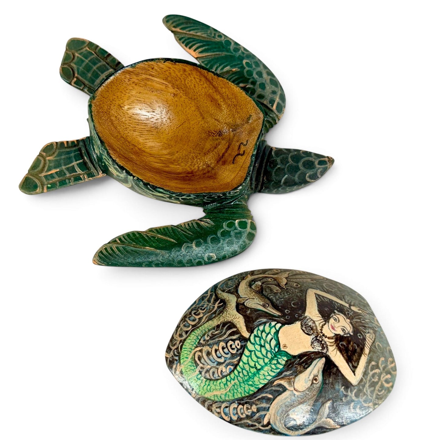 Sea Turtle Mermaid & Fish Trinket Stash Jewelry Box hand painted Wood carving Balinese Art