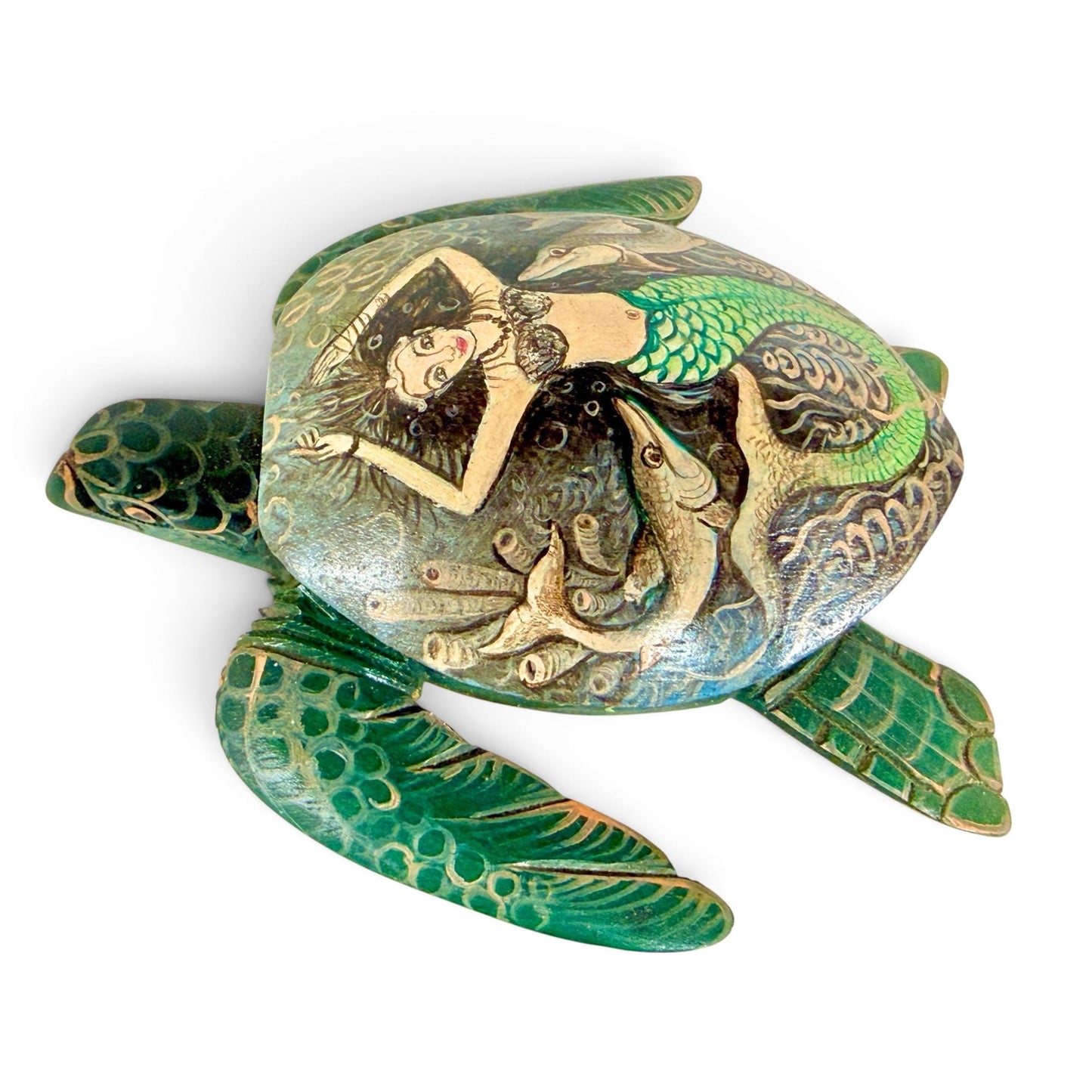 Sea Turtle Mermaid & Fish Trinket Stash Jewelry Box hand painted Wood carving Balinese Art