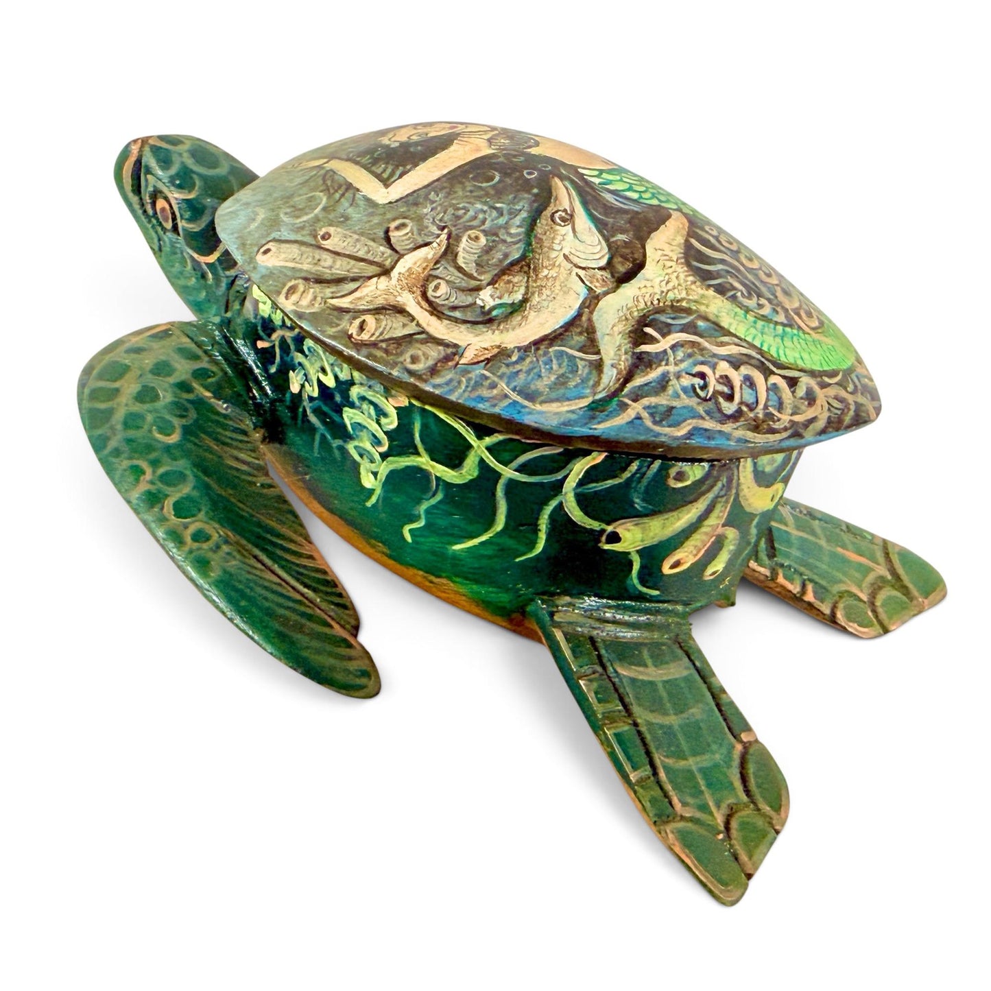 Sea Turtle Mermaid & Fish Trinket Stash Jewelry Box hand painted Wood carving Balinese Art