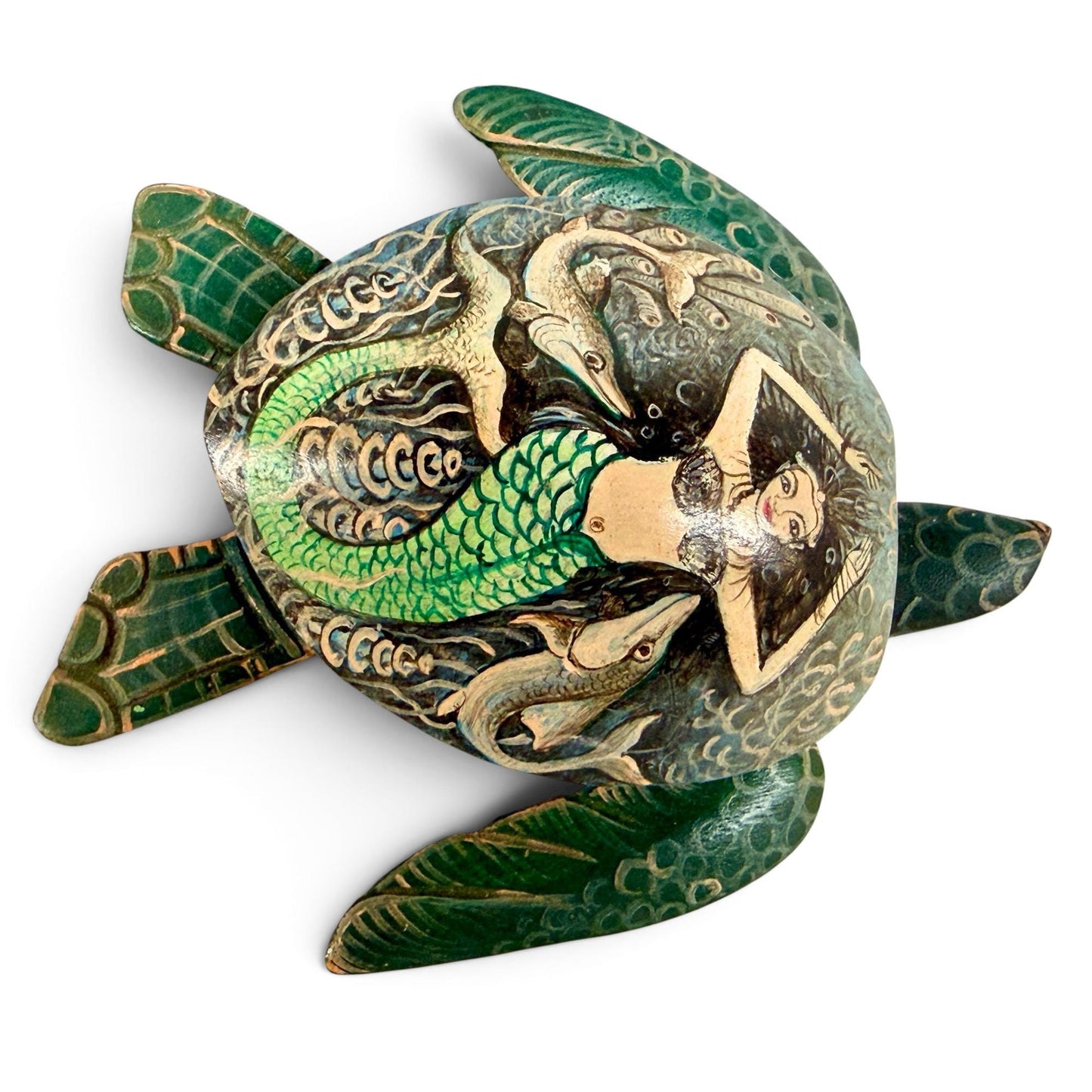 Sea Turtle Mermaid & Fish Trinket Stash Jewelry Box hand painted Wood carving Balinese Art
