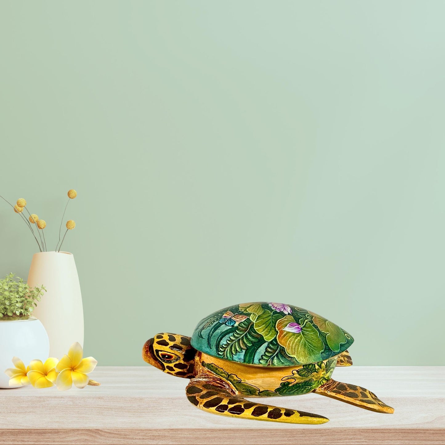 Sea Turtle Jewelry Box - Hand Carved Wood & Painted Trinket Box - Balinese Art