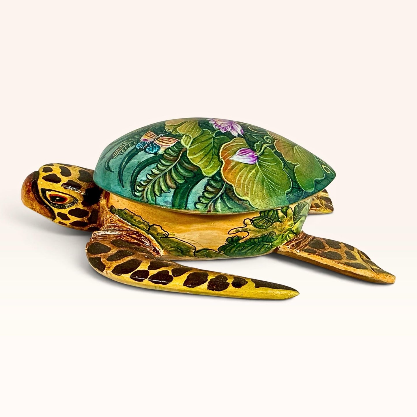 Sea Turtle Jewelry Box - Hand Carved Wood & Painted Trinket Box - Balinese Art