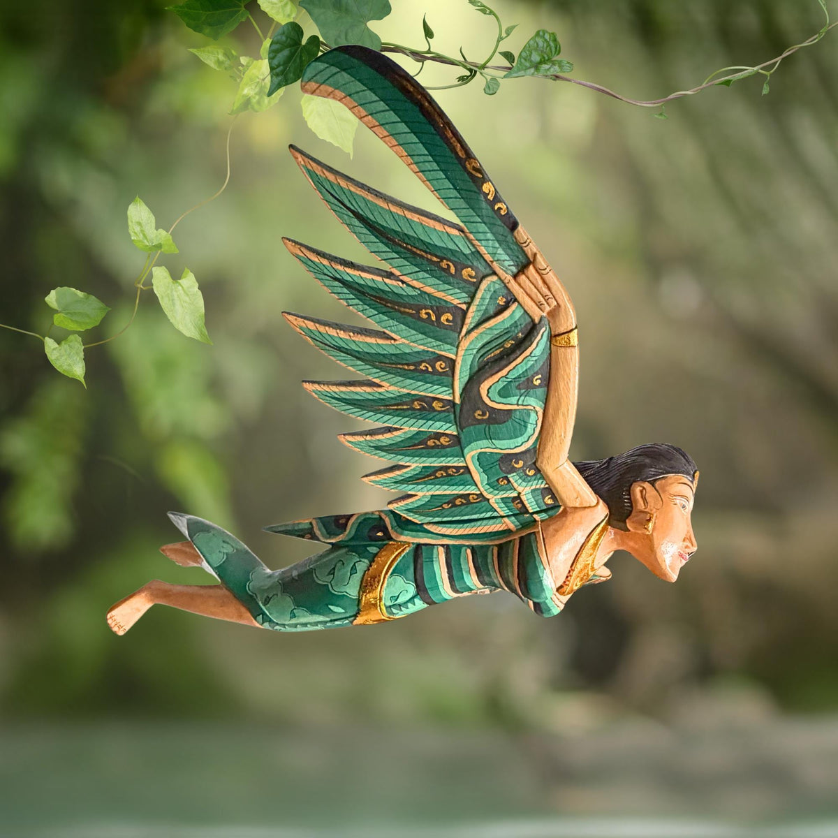 Balinese Winged Dewi Sri Goddess Mobile: Carved Wood Demon Chaser Bali Art 30"