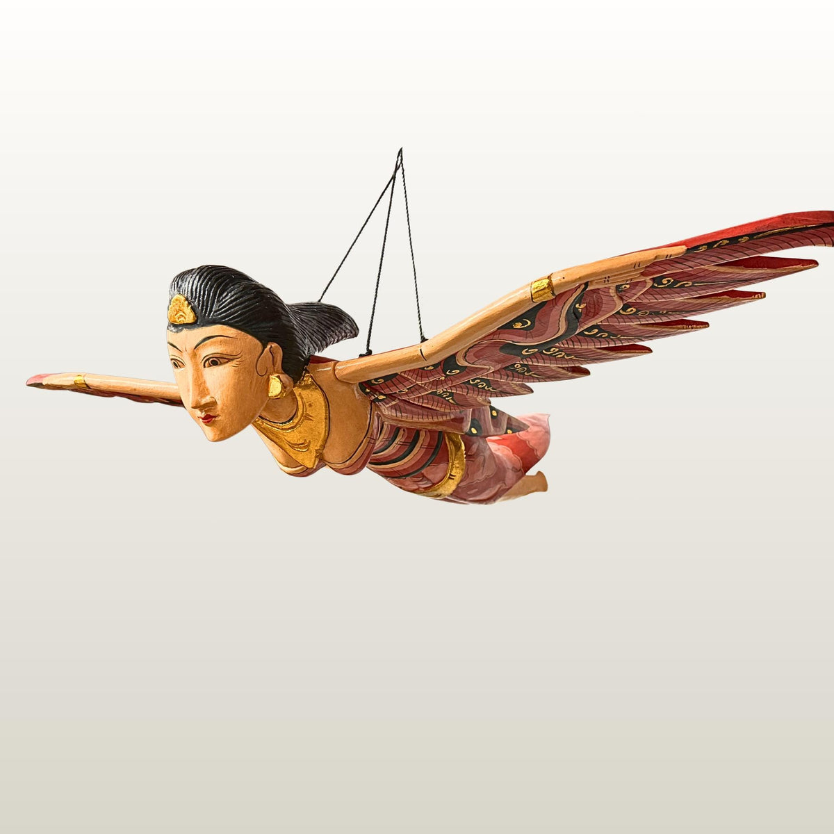 Balinese Winged Dewi Sri Goddess Mobile: Carved Wood Red Demon Chaser Bali Art 30"