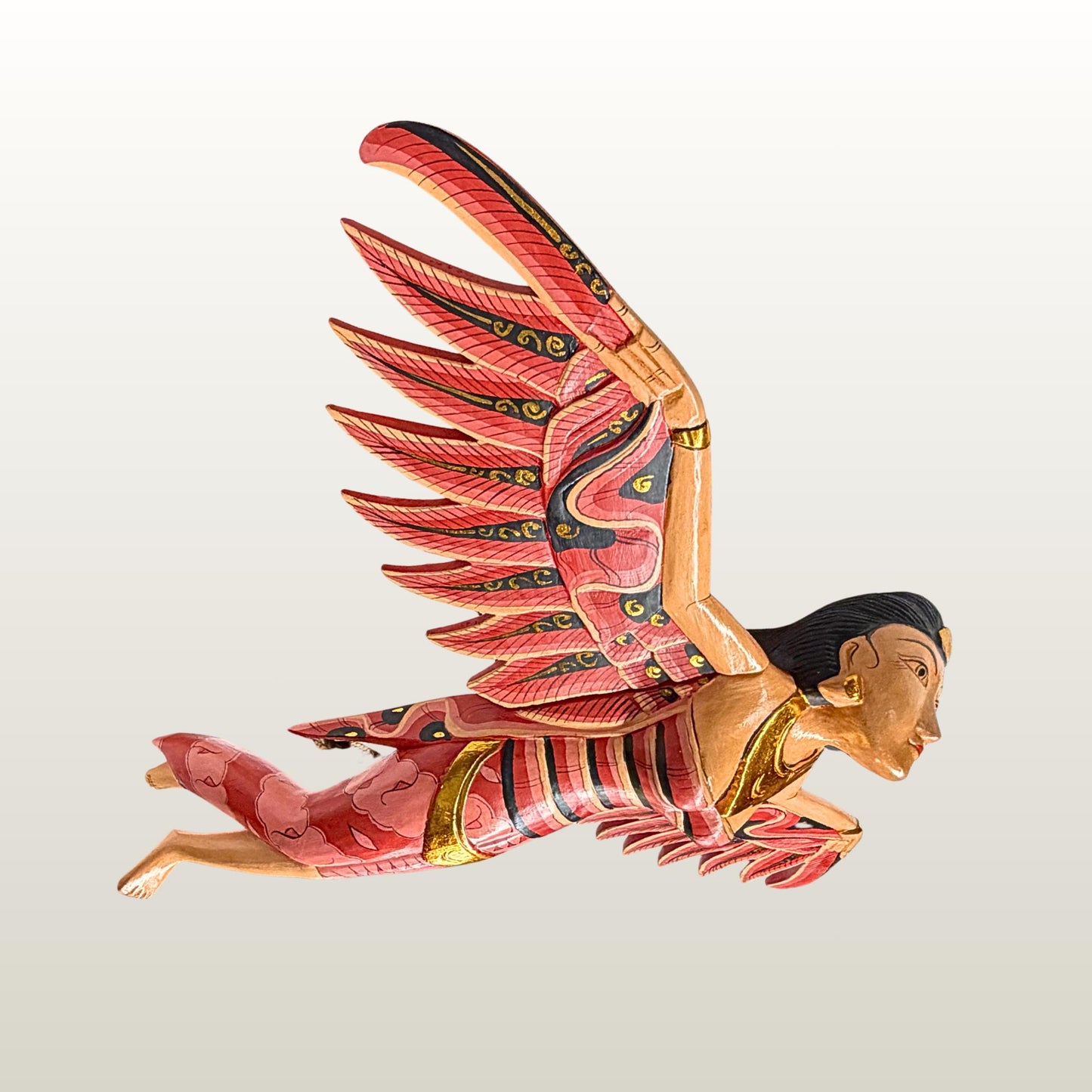 Balinese Winged Dewi Sri Goddess Mobile: Carved Wood Red Demon Chaser Bali Art 30"