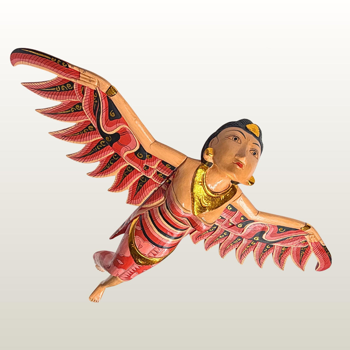 Balinese Winged Dewi Sri Goddess Mobile: Carved Wood Red Demon Chaser Bali Art 30"