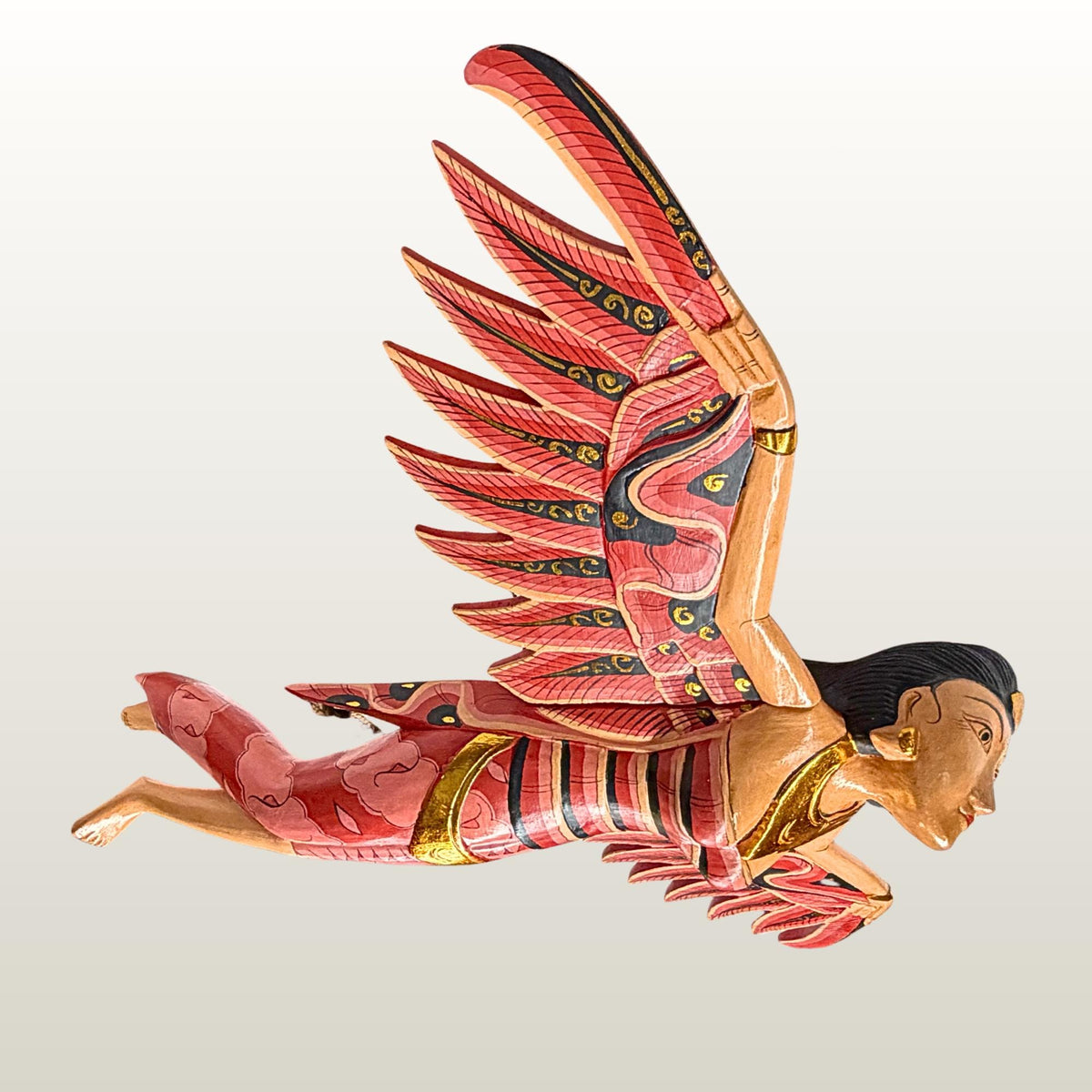 Balinese Winged Dewi Sri Goddess Mobile: Carved Wood Red Demon Chaser Bali Art 30"