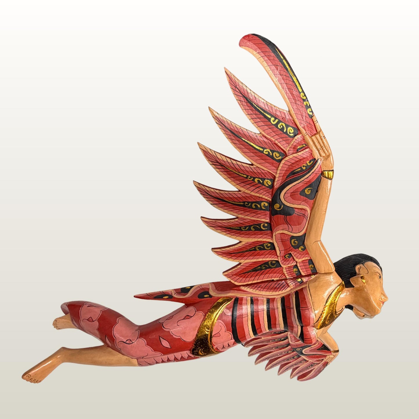 Balinese Winged Dewi Sri Goddess Mobile: Carved Wood Red Demon Chaser Bali Art 30"