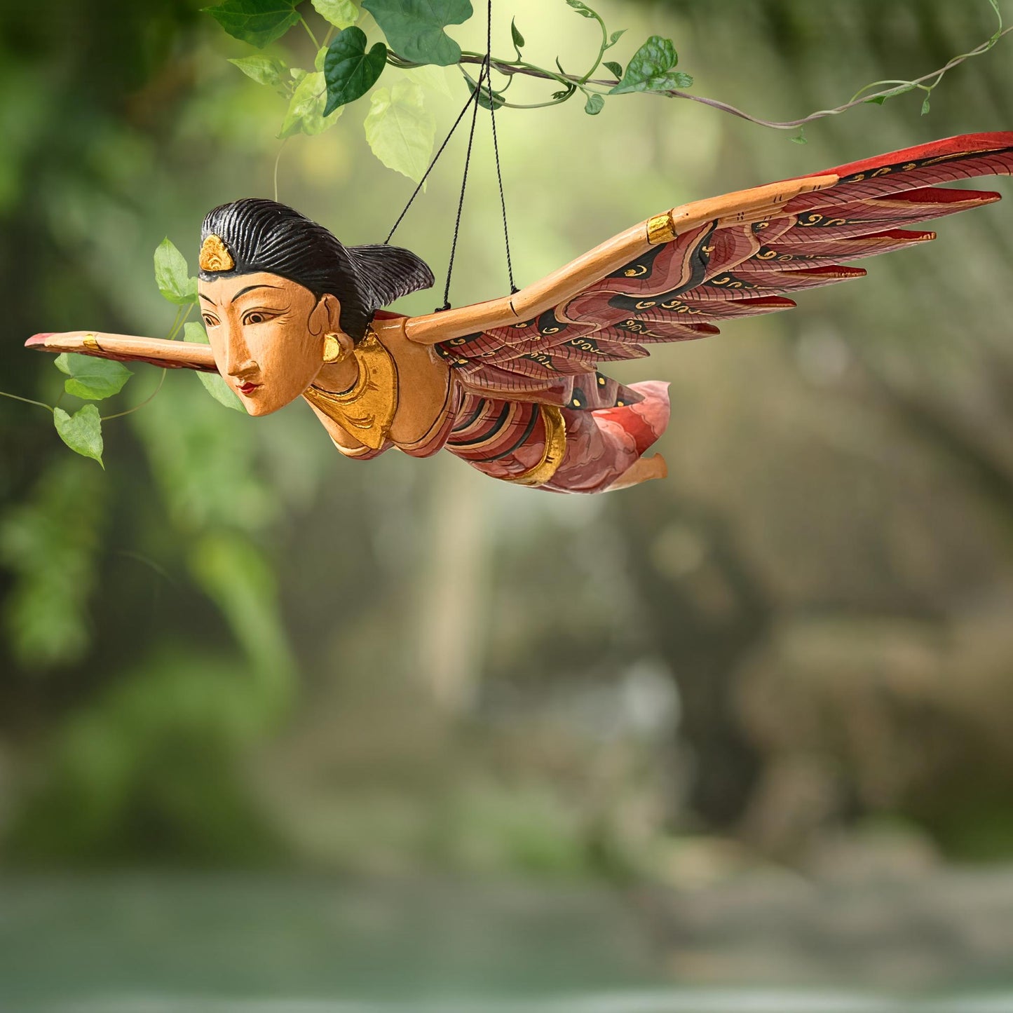 Balinese Winged Dewi Sri Goddess Mobile: Carved Wood Red Demon Chaser Bali Art 30"