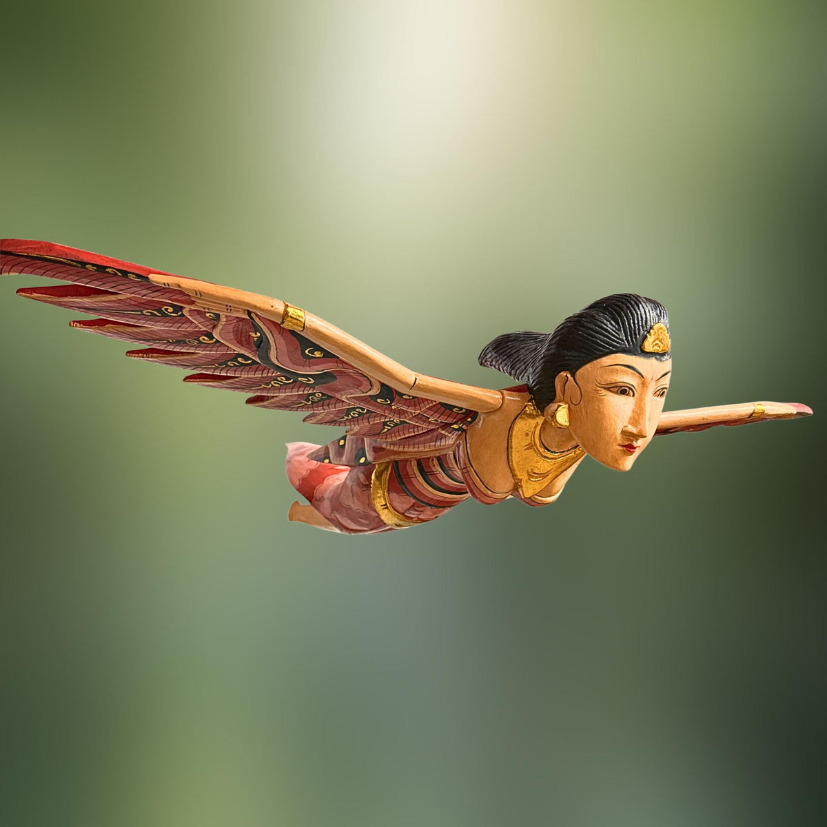Balinese Winged Dewi Sri Goddess Mobile: Carved Wood Red Demon Chaser Bali Art 30"