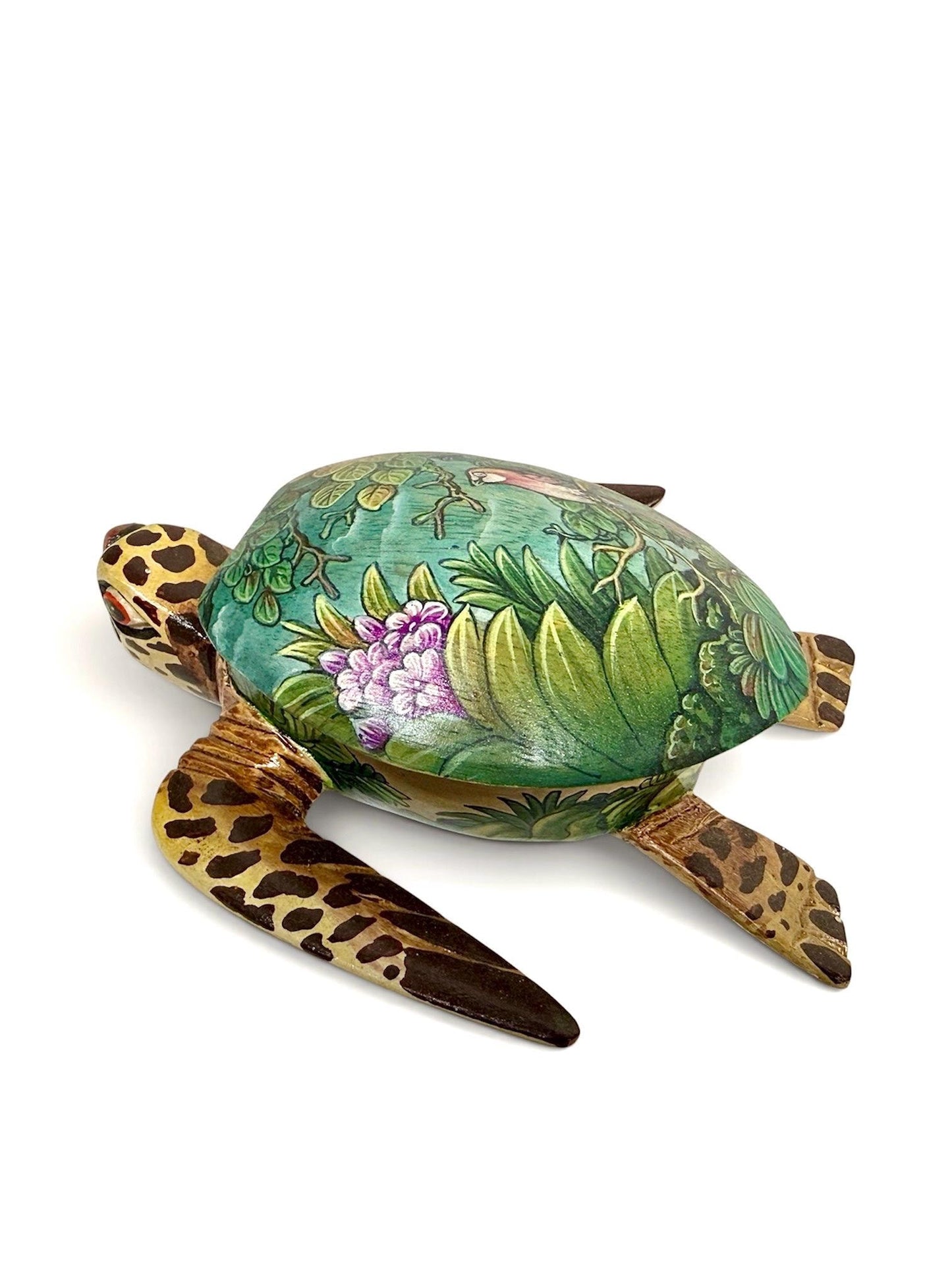 Sea Turtle Jewelry Box - Hand Carved Wood & Painted Trinket Box - Balinese Art