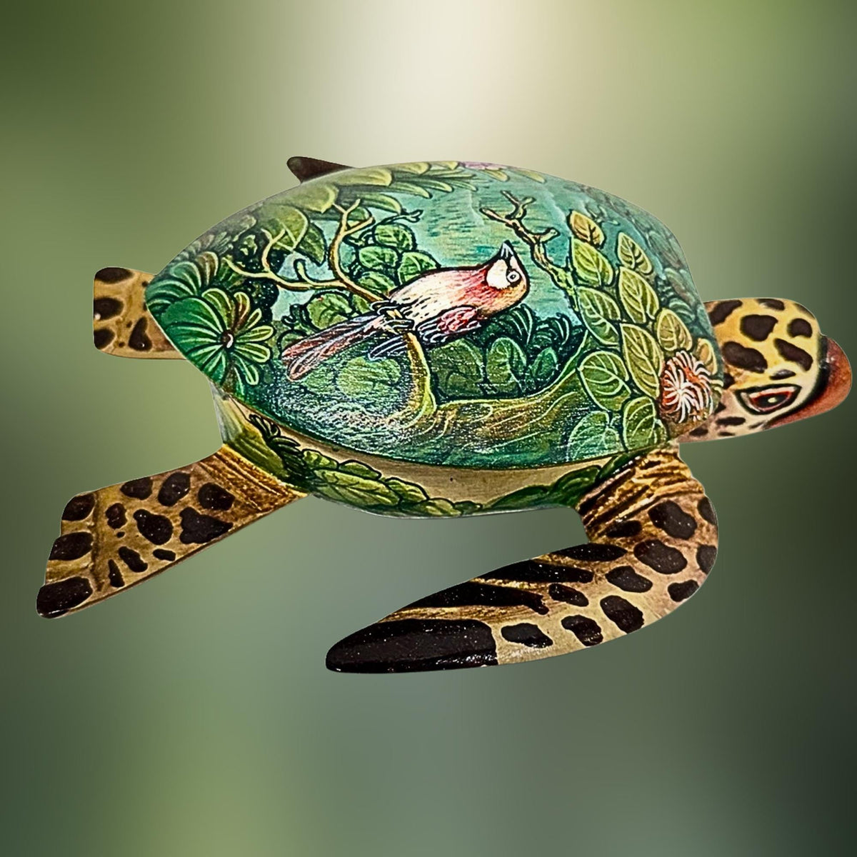 Sea Turtle Jewelry Box - Hand Carved Wood & Painted Trinket Box - Balinese Art