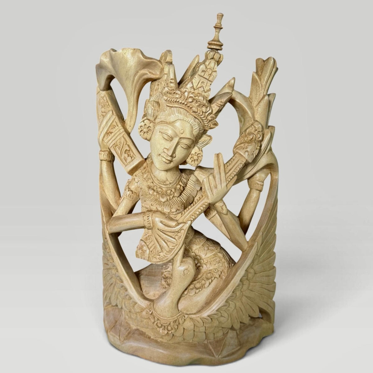 Saraswati Statue Wood Carving Hindu Goddess of Art Culture Balinese Sculpture