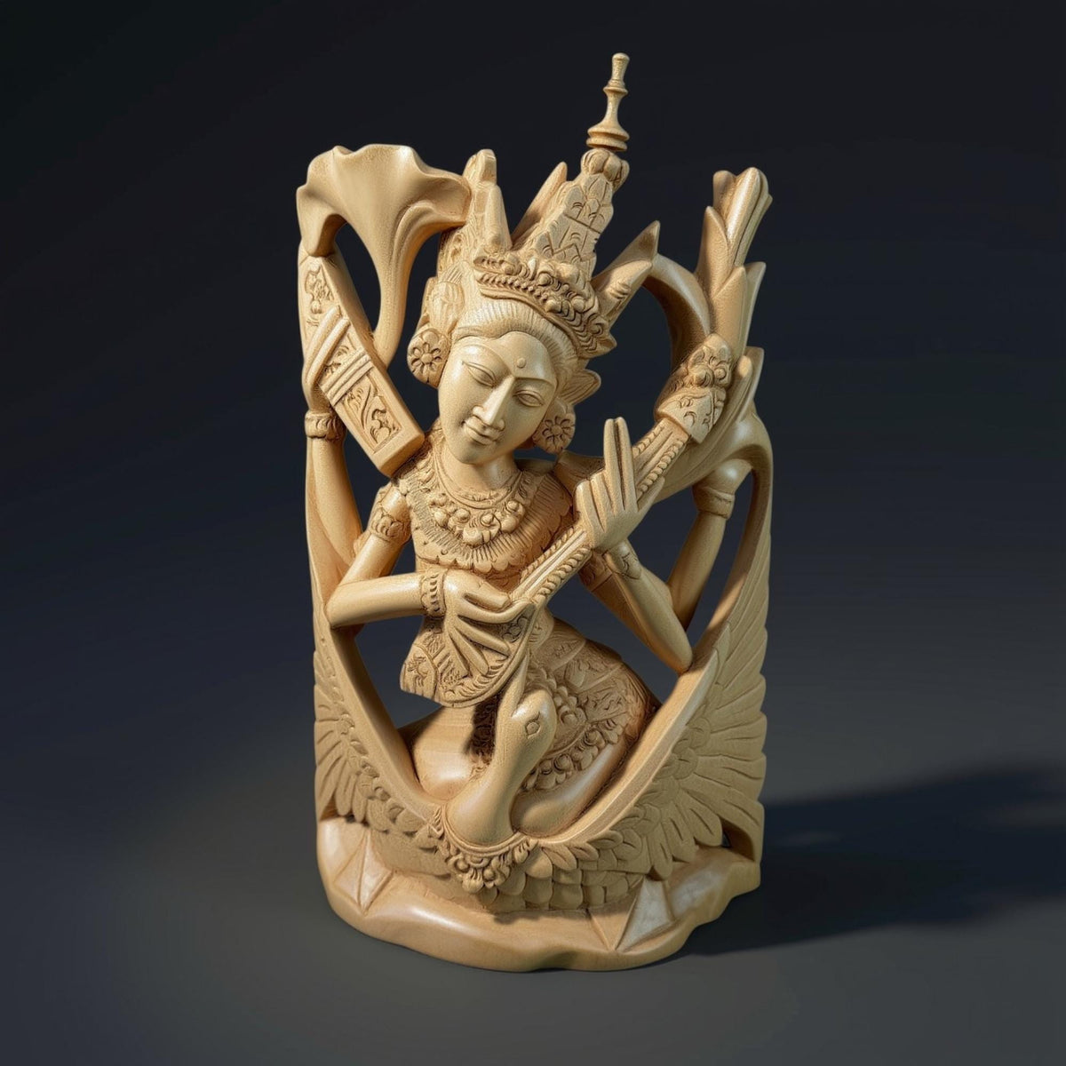 Saraswati Statue Wood Carving Hindu Goddess of Art Culture Balinese Sculpture