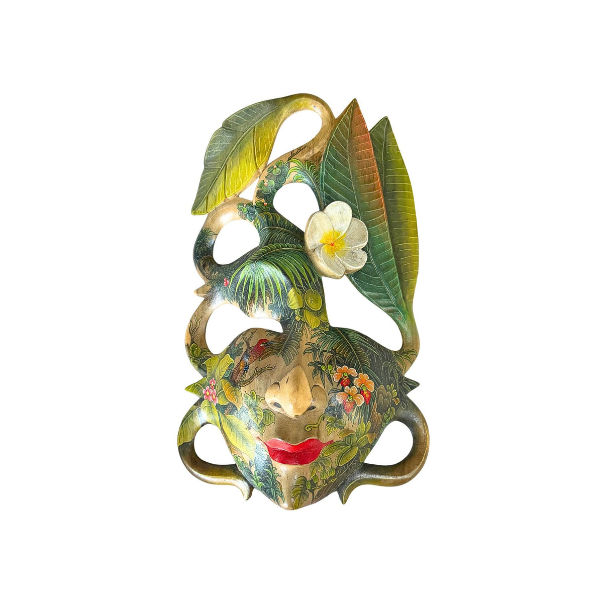 Hand Carved Wood Balinese Frangipani Goddess Mask: Hand-painted Jungle Garden Abstract Carving, Wall Art - Acadia World Traders
