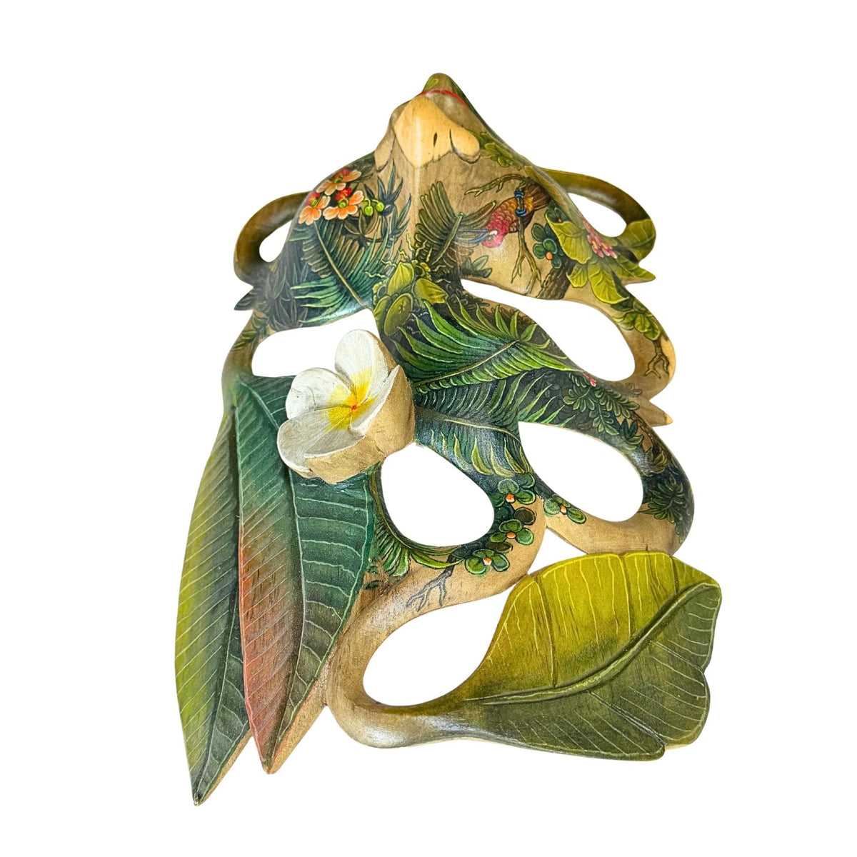 Hand Carved Wood Balinese Frangipani Goddess Mask: Hand-painted Jungle Garden Abstract Carving, Wall Art - Acadia World Traders