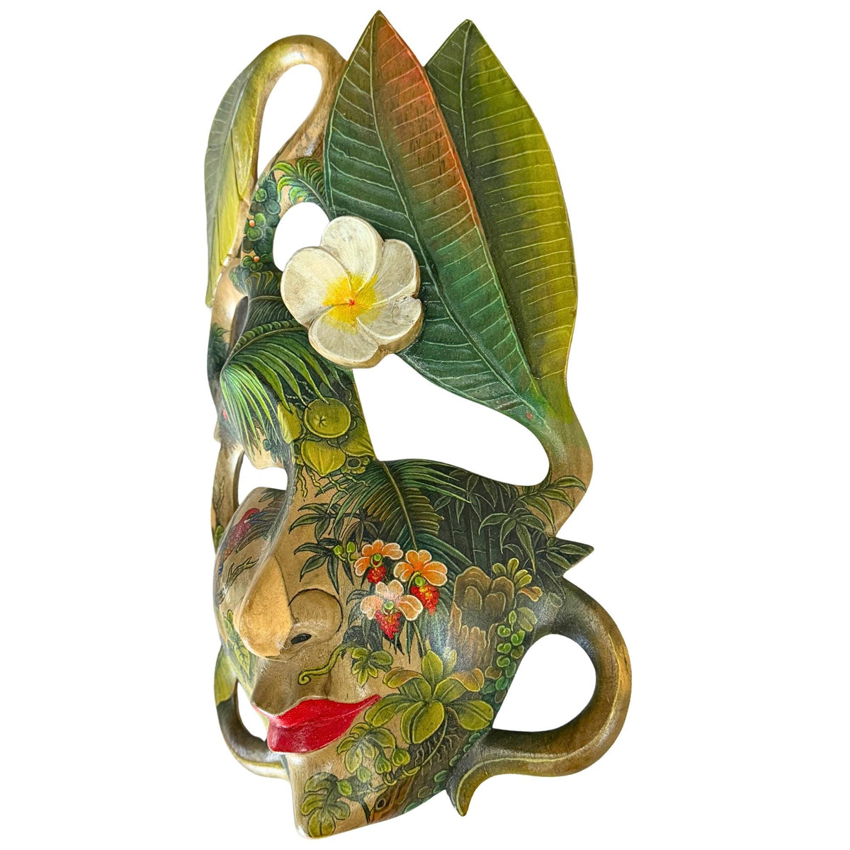 Hand Carved Wood Balinese Frangipani Goddess Mask: Hand-painted Jungle Garden Abstract Carving, Wall Art - Acadia World Traders
