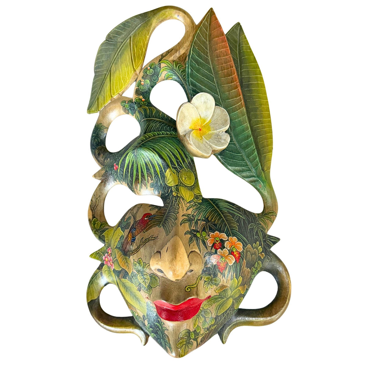 Hand Carved Wood Balinese Frangipani Goddess Mask: Hand-painted Jungle Garden Abstract Carving, Wall Art - Acadia World Traders