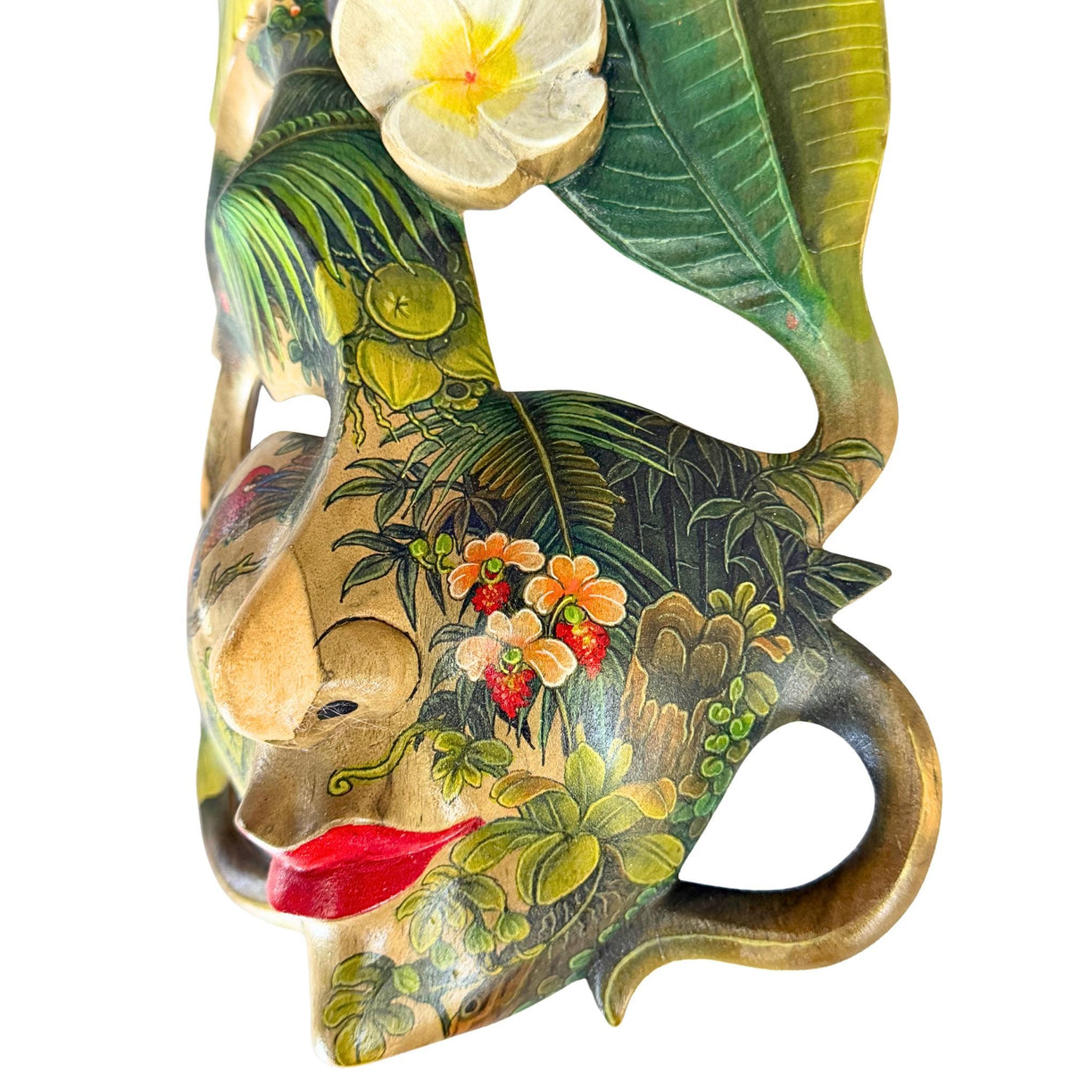 Hand Carved Wood Balinese Frangipani Goddess Mask: Hand-painted Jungle Garden Abstract Carving, Wall Art - Acadia World Traders