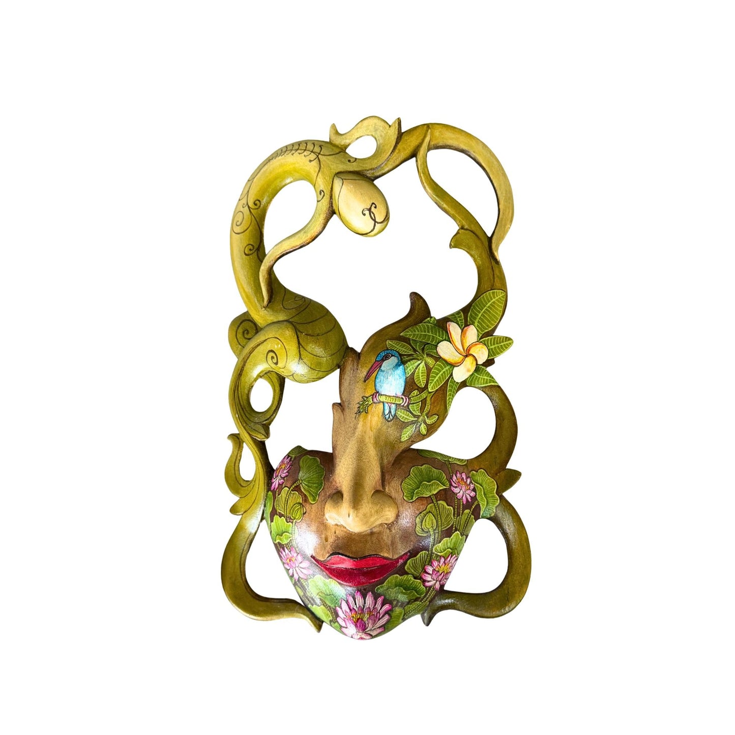 Hand Carved Wood Balinese Tattoo Dancer Mask: Hand-painted Abstract Carving, Wall Art