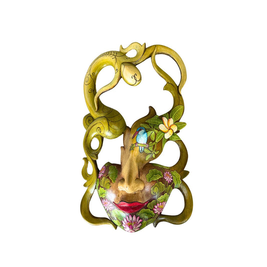 Hand Carved Wood Balinese Tattoo Dancer Mask: Hand-painted Abstract Carving, Wall Art - Acadia World Traders