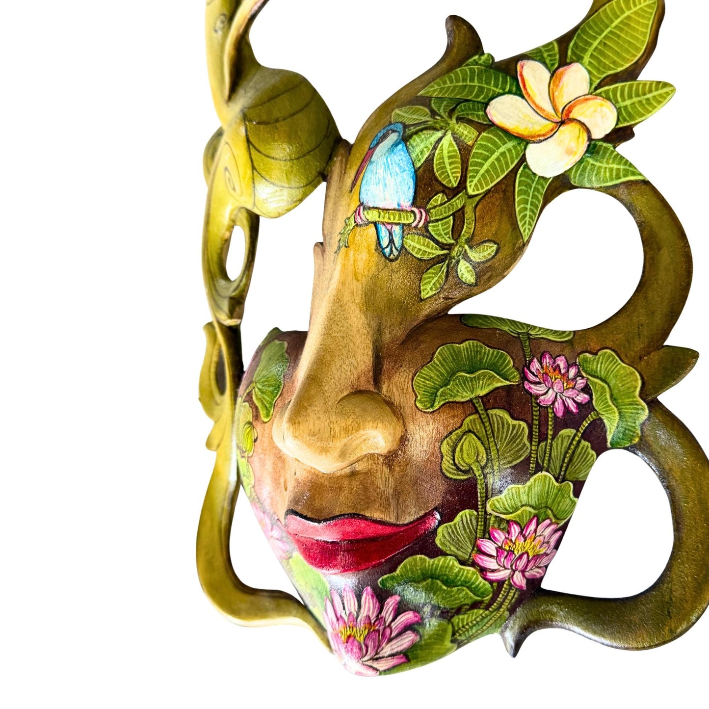 Hand Carved Wood Balinese Tattoo Dancer Mask: Hand-painted Abstract Carving, Wall Art