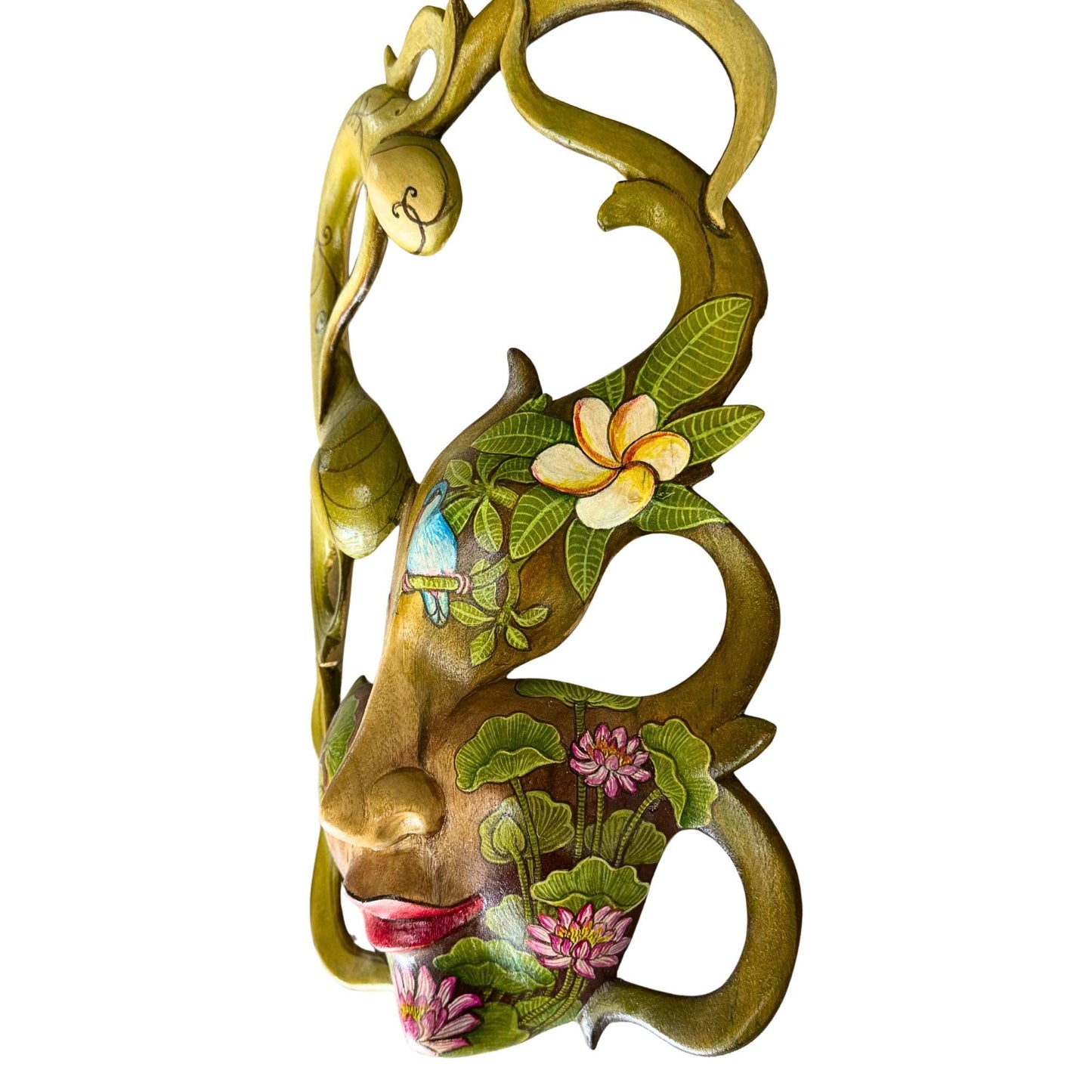 Hand Carved Wood Balinese Tattoo Dancer Mask: Hand-painted Abstract Carving, Wall Art