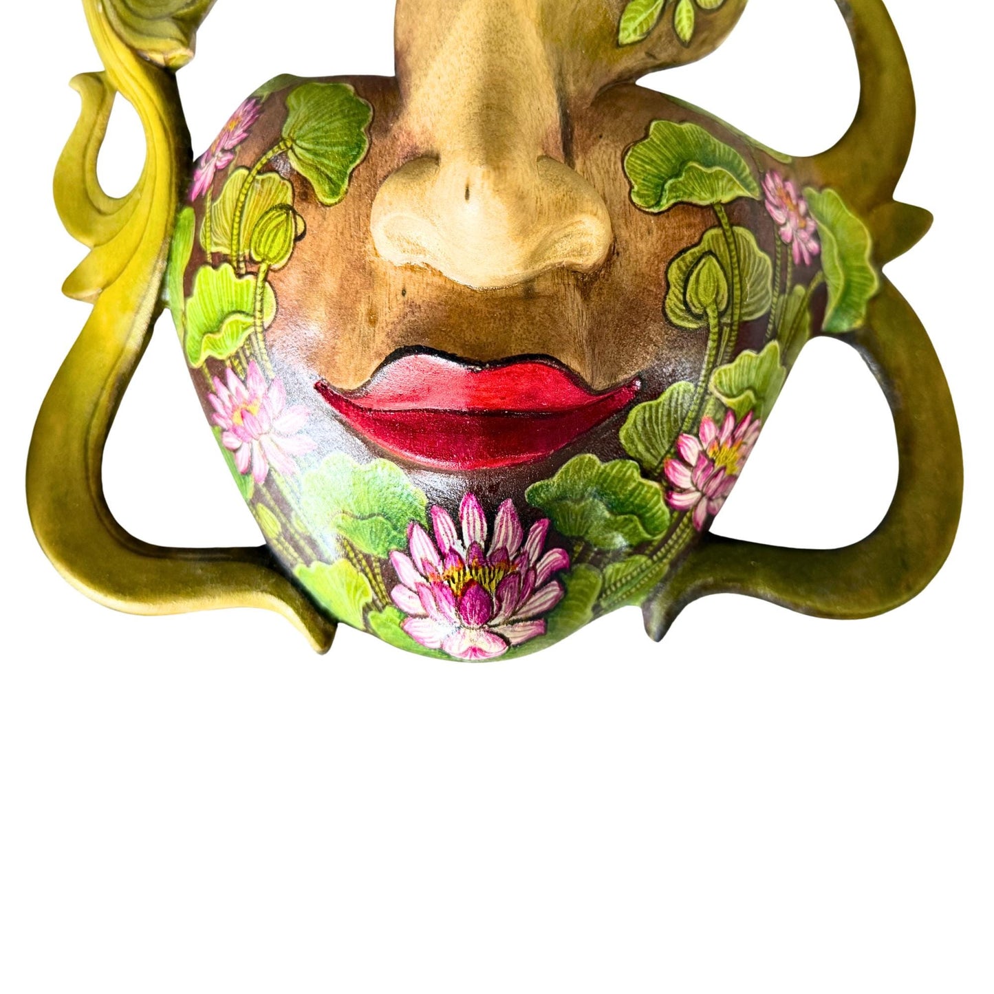 Hand Carved Wood Balinese Tattoo Dancer Mask: Hand-painted Abstract Carving, Wall Art