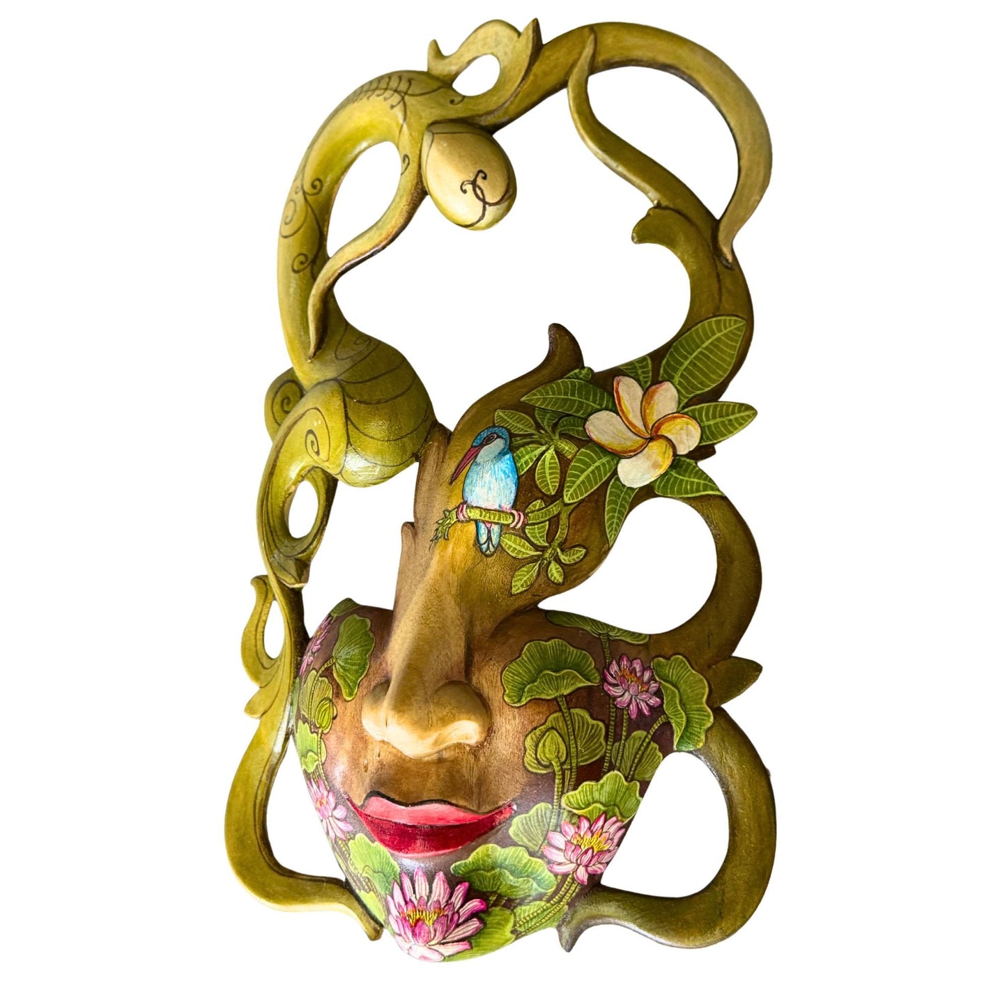 Hand Carved Wood Balinese Tattoo Dancer Mask: Hand-painted Abstract Carving, Wall Art