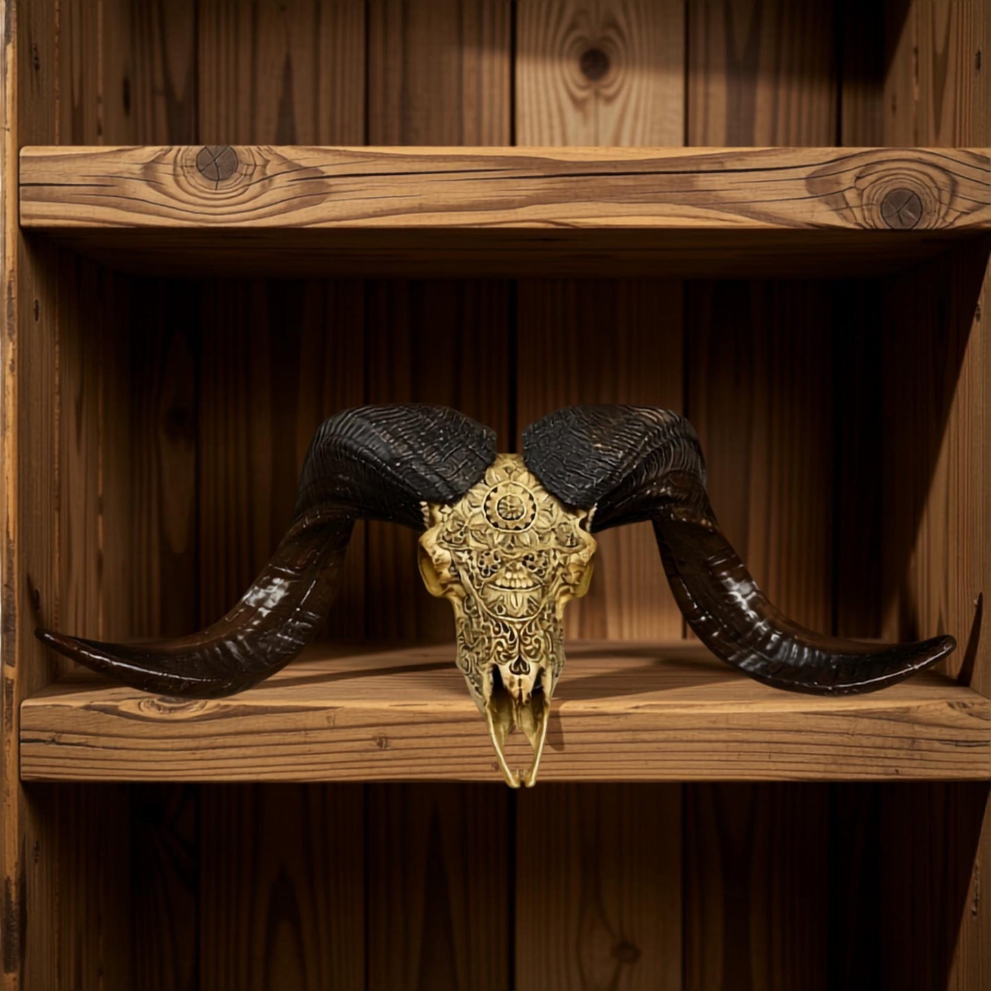 Balinese Hand Carved Mandala Ram Skull: Boho Wall Decor