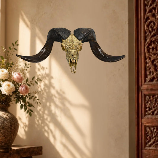 Balinese Hand Carved Mandala Ram Skull: Boho Wall Decor - Acadia World Traders