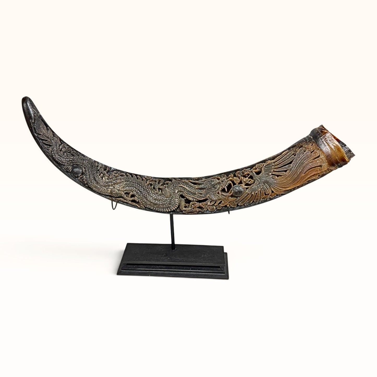 Hand Carved Water Buffalo Horn: Mystical Phoenix Dragon Art, Balinese Bone Carving Boho Decor