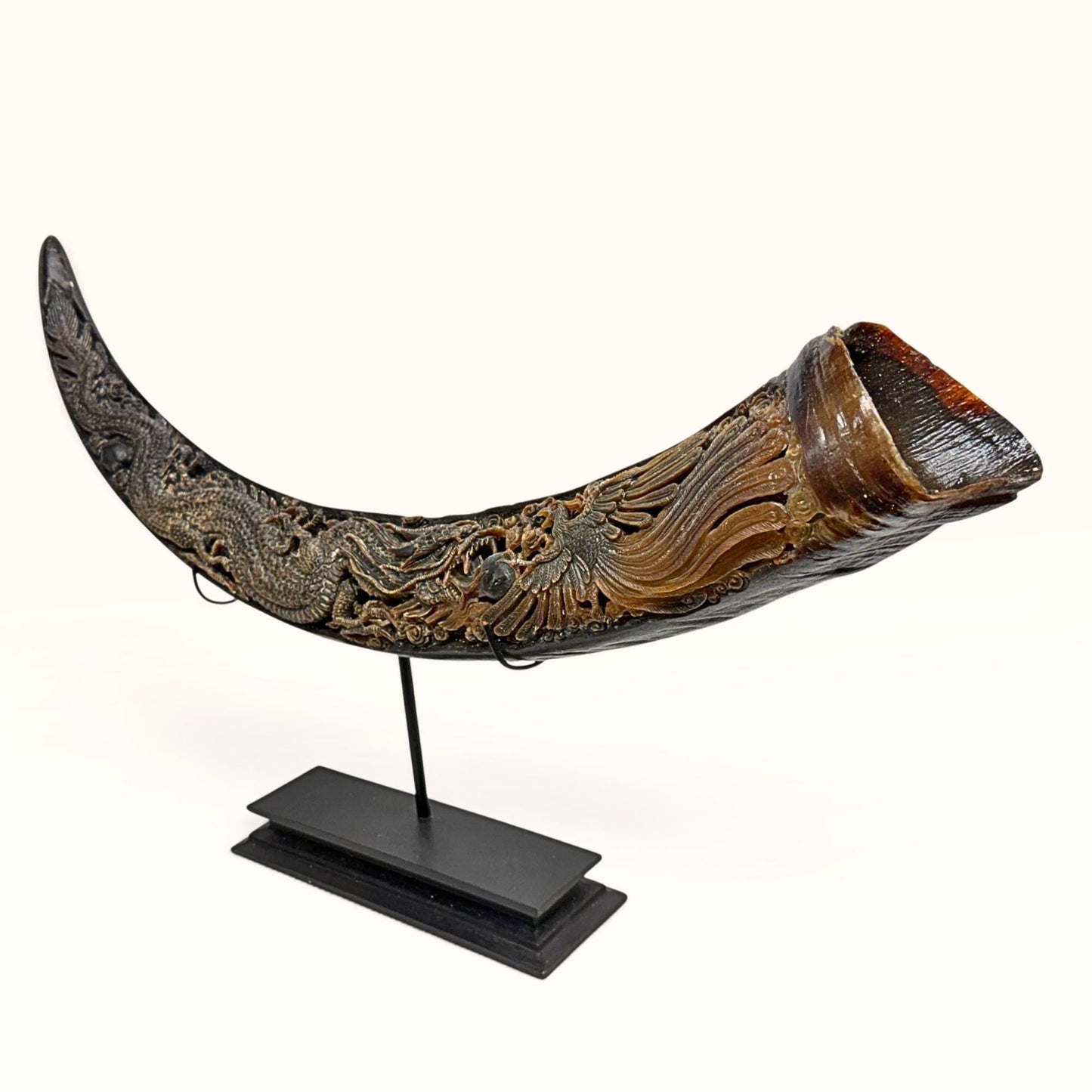 Hand Carved Water Buffalo Horn: Mystical Phoenix Dragon Art, Balinese Bone Carving Boho Decor