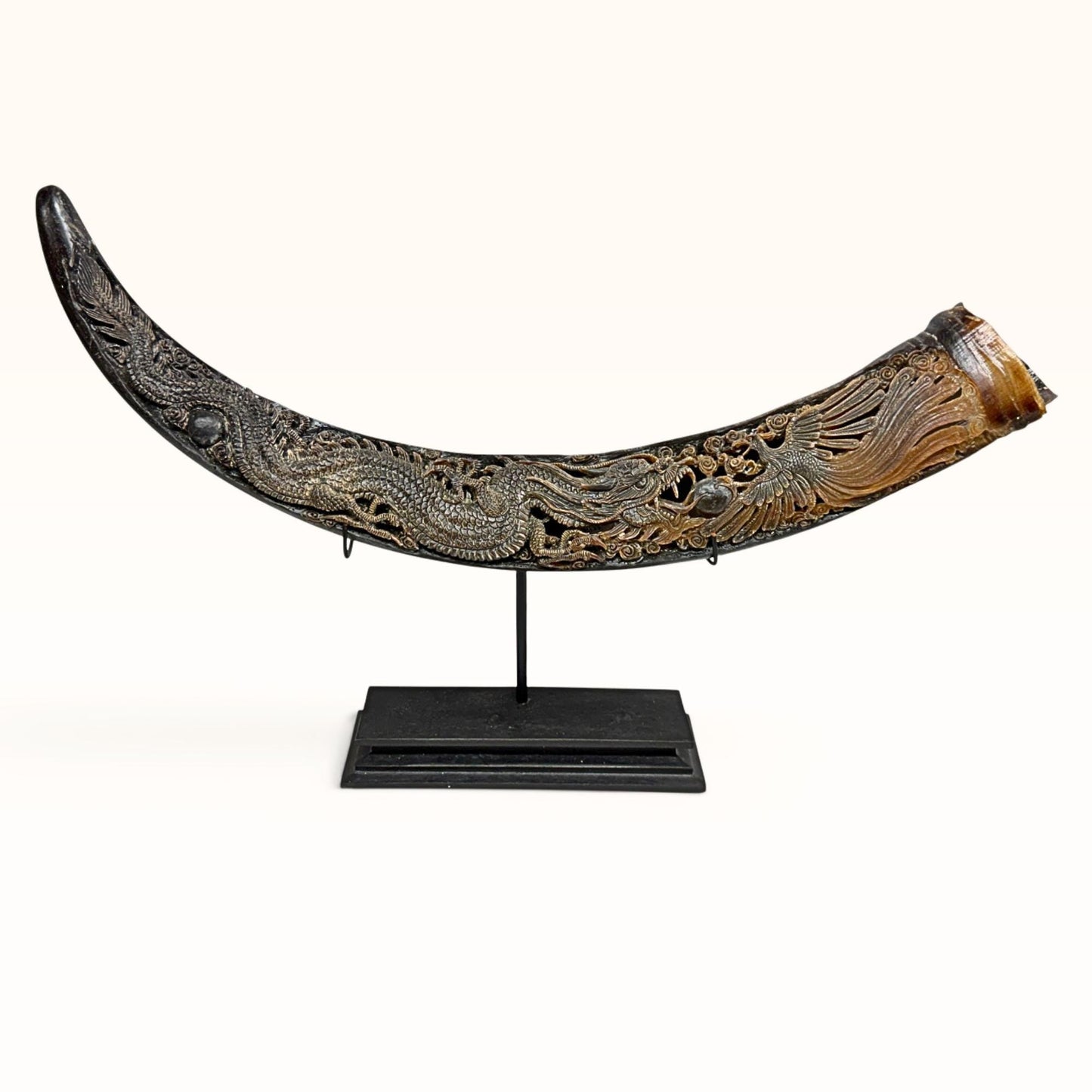 Hand Carved Water Buffalo Horn: Mystical Phoenix Dragon Art, Balinese Bone Carving Boho Decor