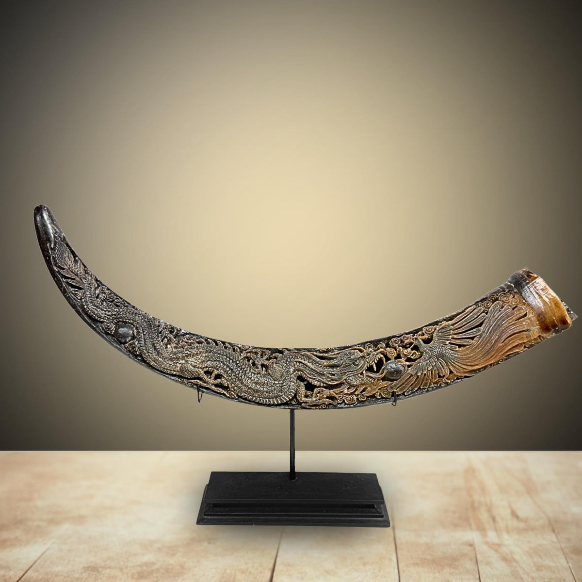 Hand Carved Water Buffalo Horn: Mystical Phoenix Dragon Art, Balinese Bone Carving Boho Decor