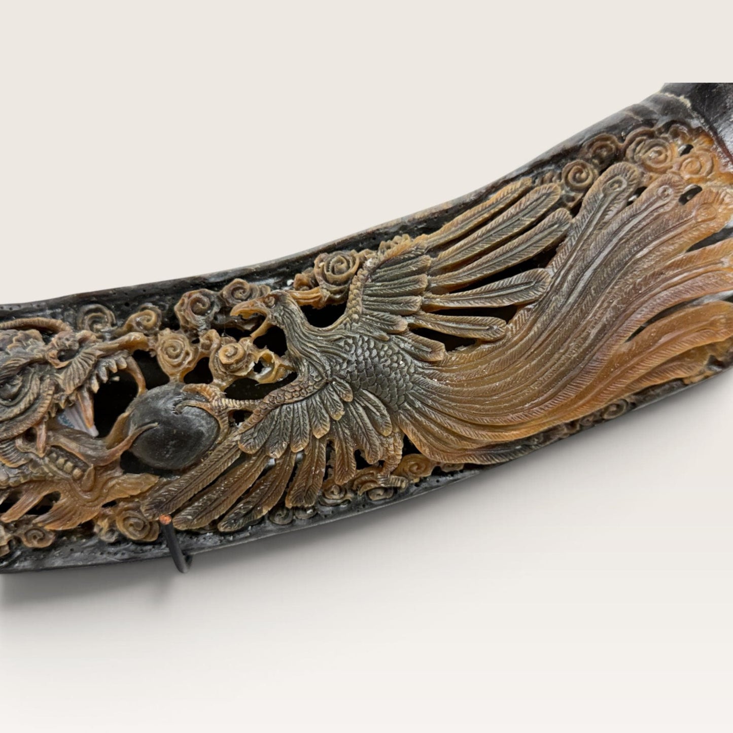 Hand Carved Water Buffalo Horn: Mystical Phoenix Dragon Art, Balinese Bone Carving Boho Decor