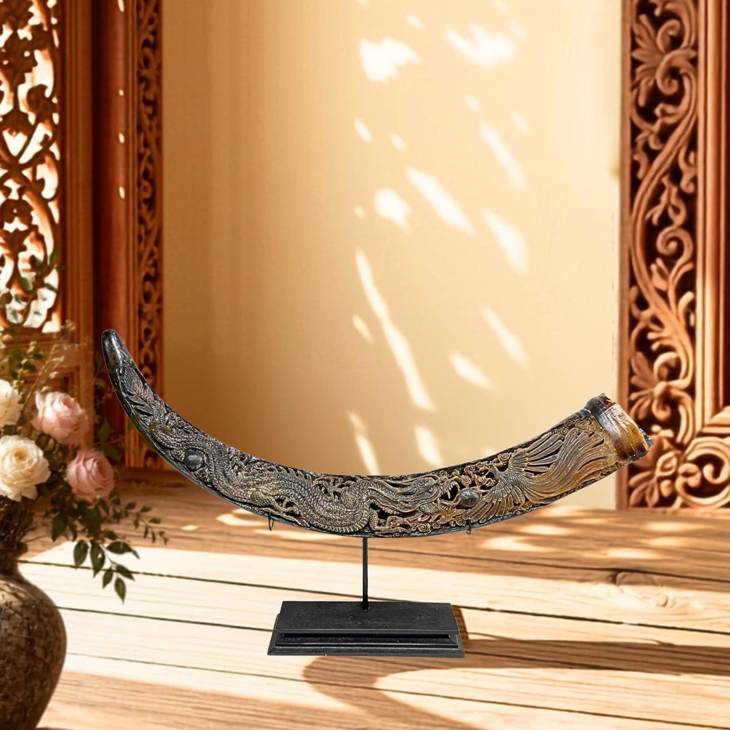Hand Carved Water Buffalo Horn: Mystical Phoenix Dragon Art, Balinese Bone Carving Boho Decor
