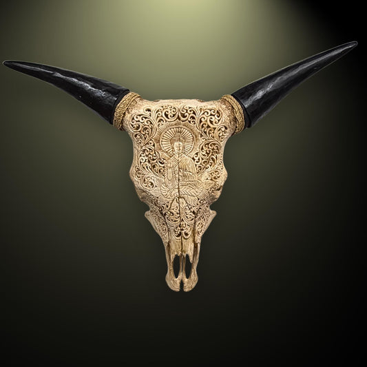 Hand Carved Buddha, Steer Skull Wall Mount: Intricate Balinese Bone Carving Art (19" Length)