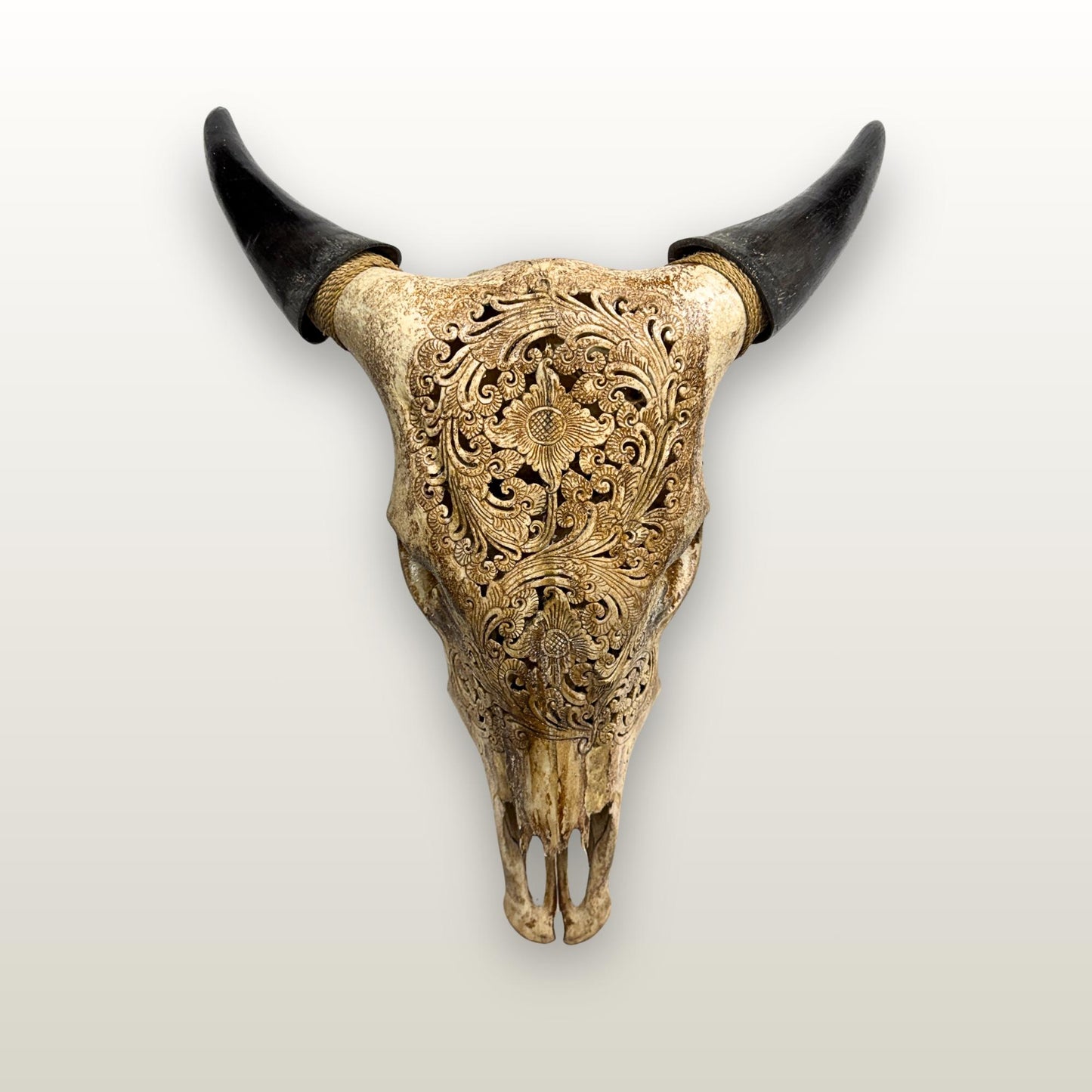 Hand Carved Steer Skull with Padma Lotus Motif, Balinese Bone Carving Art (Wall Mount)