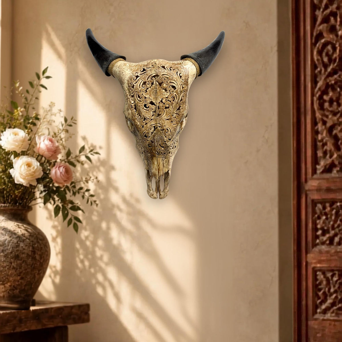 Hand Carved Steer Skull with Padma Lotus Motif, Balinese Bone Carving Art (Wall Mount)