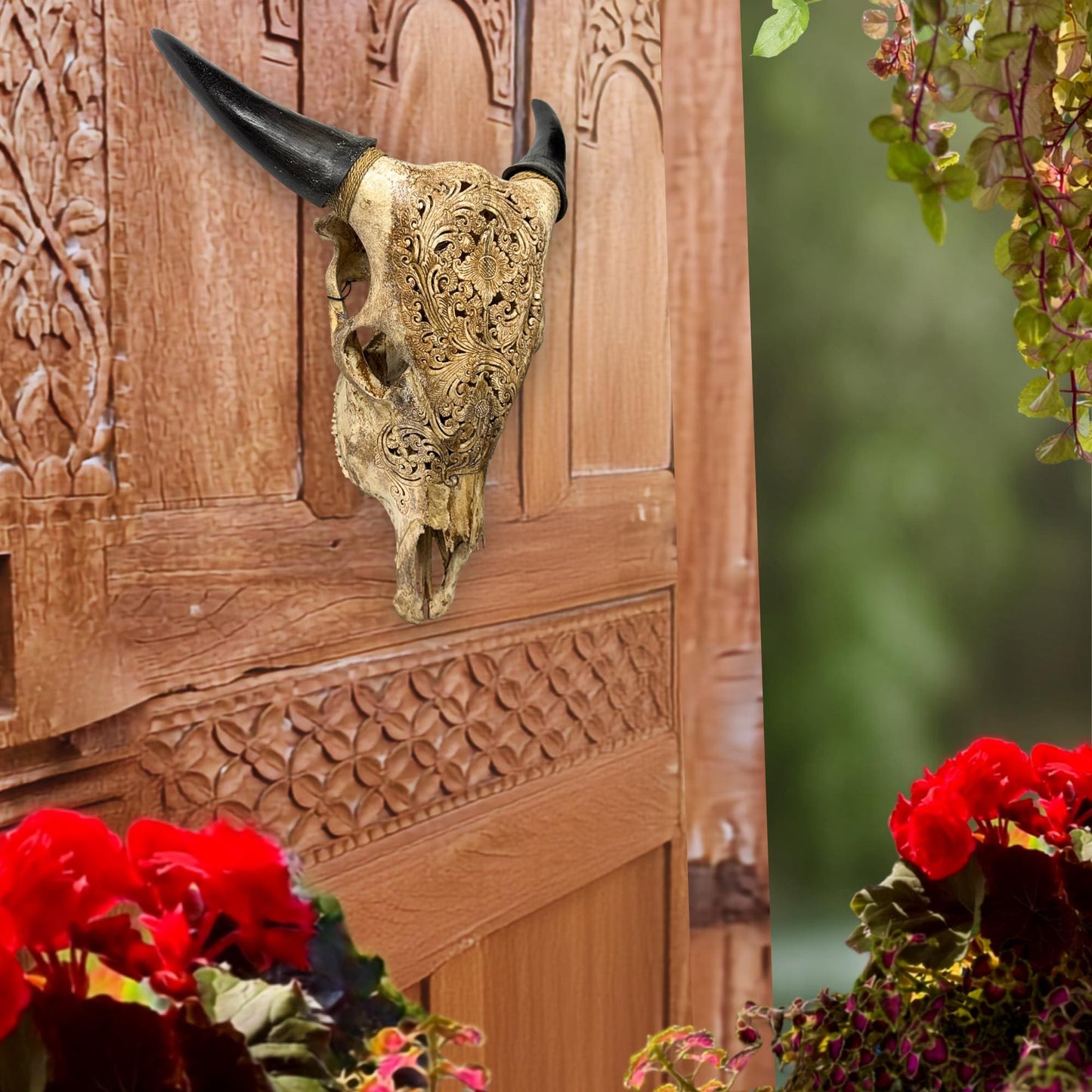 Hand Carved Steer Skull with Padma Lotus Motif, Balinese Bone Carving Art (Wall Mount)