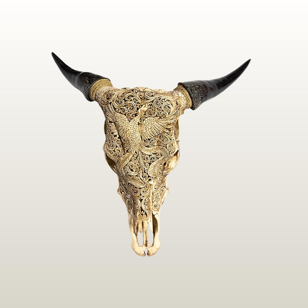 Carved Steer SKULL HORN Mythical Phoenix Bird, Taxidermy Wall Mount, Balinese Bone Carving Art